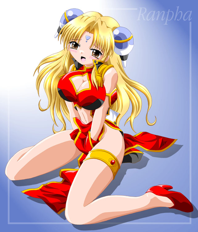 imai kazunari, ranpha franboise, galaxy angel, 00s, 1girl, :d, between legs, blonde hair, blush, breasts, brown eyes, character name, china dress, chinese clothes, cleavage, cleavage cutout, clothing cutout, dress, facial mark, female focus, forehead mark, full body, gradient background, hair ornament, hand between legs, high heels, large breasts, long hair, military, military uniform, navel, open mouth, sitting, smile, solo, wariza