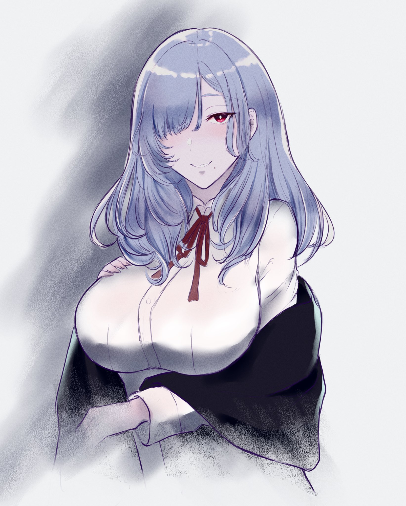haru (fygzg63), original, highres, 1girl, breasts, bright pupils, buttons, grey hair, hair over one eye, hand on own chest, large breasts, long hair, long sleeves, mole, mole under mouth, red eyes, red ribbon, ribbon, shirt, smile, solo, white pupils, white shirt