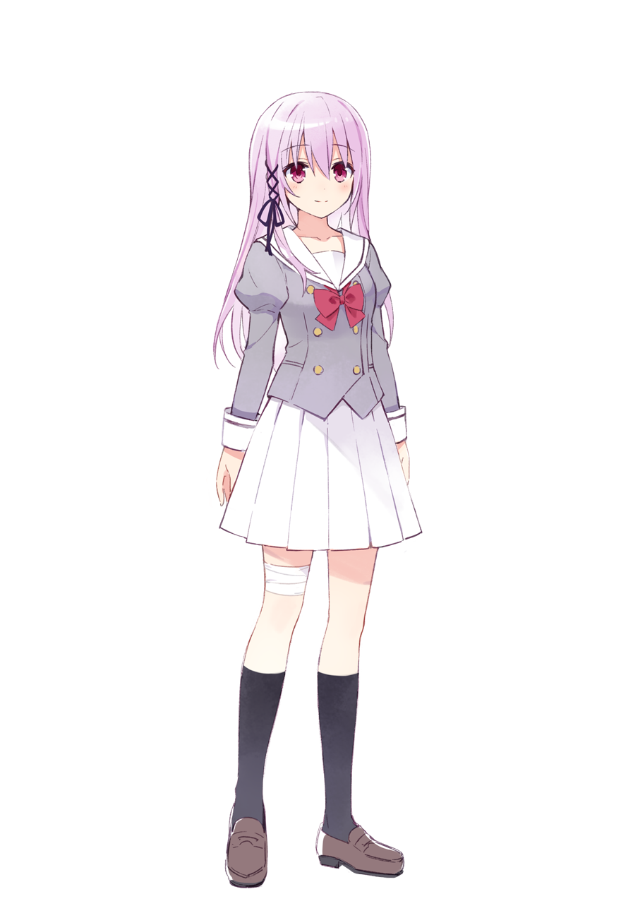 tsunako, kisara (engage kiss), engage kiss, highres, official art, 1girl, bandaged leg, bandages, black socks, bow, breasts, brown shoes, closed mouth, full body, hair between eyes, hair ornament, hair ribbon, juliet sleeves, loafers, long hair, long sleeves, looking at viewer, pink eyes, pink hair, pleated skirt, puffy long sleeves, puffy sleeves, red bow, red eyes, ribbon, sailor collar, school uniform, serafuku, shoes, simple background, sketch, skirt, smile, socks, solo, standing, transparent background, white sailor collar, white skirt