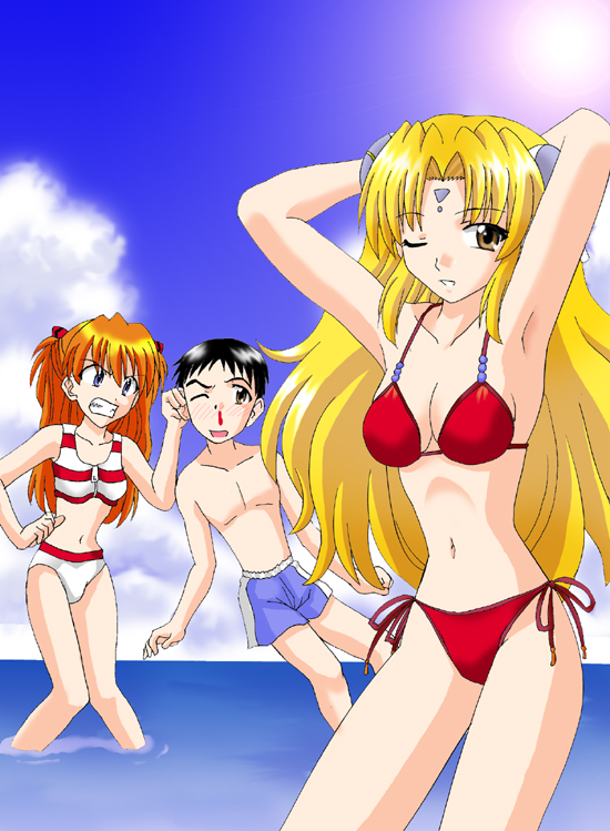 ikari shinji, ranpha franboise, souryuu asuka langley, galaxy angel, neon genesis evangelion, artist request, 00s, 1boy, 2girls, angry, armpits, arms behind head, bikini, black hair, blonde hair, blood, blue eyes, blue male swimwear, blue swim trunks, blush, brown eyes, clenched teeth, cloud, crossover, facial mark, forehead mark, grabbing another's ear, hair ornament, hairclip, knees together feet apart, long hair, looking at viewer, male swimwear, multiple girls, nosebleed, ocean, one eye closed, orange hair, outdoors, red hair, short hair, side-tie bikini bottom, sky, smile, striped bikini, striped clothes, swim trunks, swimsuit, teeth, wink, zipper