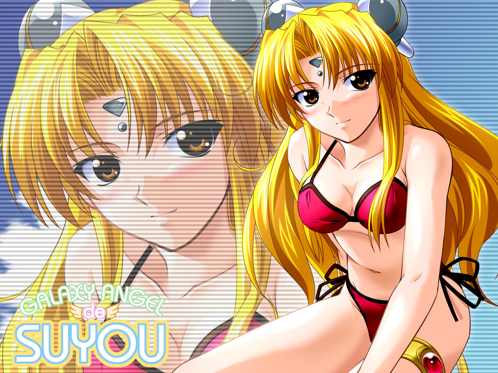 chogenbo musasiya, musashiya chougenbou, ranpha franboise, galaxy angel, highres, 00s, 1girl, bare legs, bikini, blonde hair, blush, brown eyes, copyright name, facial mark, female focus, forehead mark, hair ornament, hairclip, jewelry, long hair, looking at viewer, side-tie bikini bottom, solo, swimsuit, thighlet, zoom layer