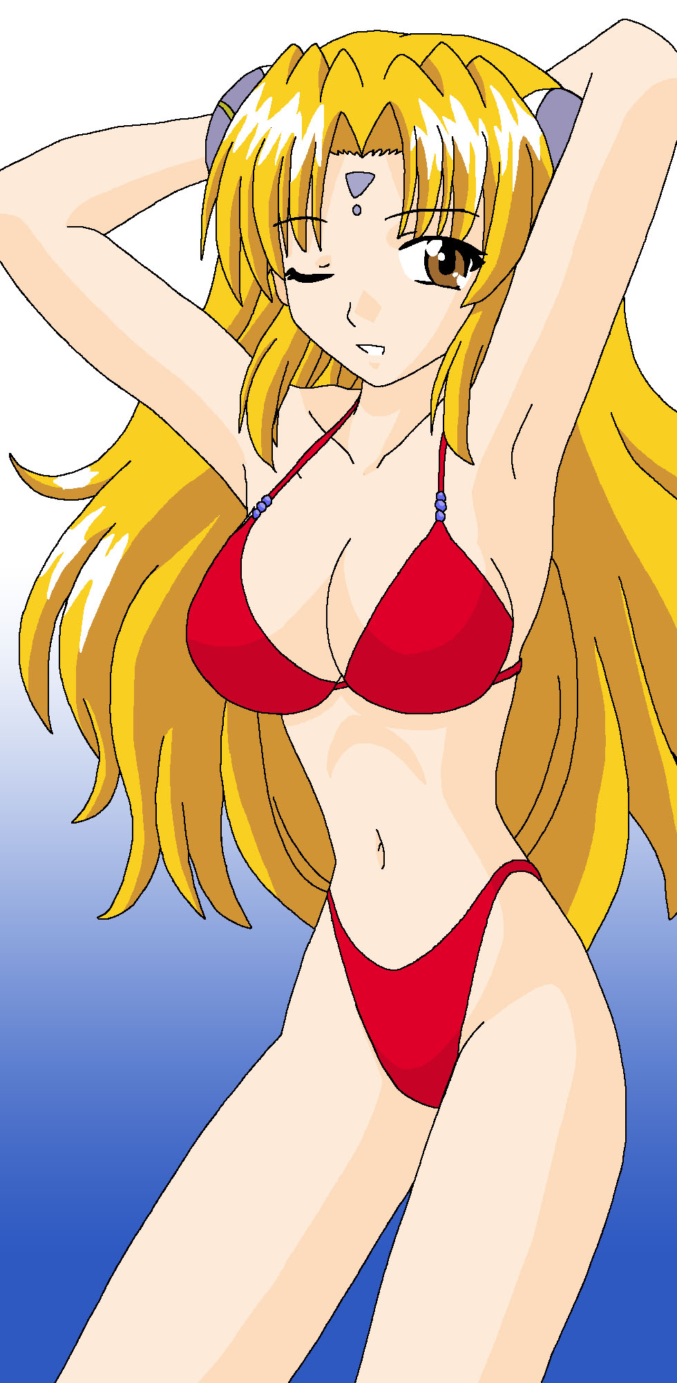ranpha franboise, galaxy angel, aliasing, highres, 00s, 1girl, armpits, arms behind head, bikini, blonde hair, breasts, brown eyes, facial mark, female focus, forehead mark, gradient background, hair ornament, hairclip, highleg, highleg bikini, large breasts, long hair, looking at viewer, narrow waist, one eye closed, simple background, smile, solo, swimsuit, very long hair, wink