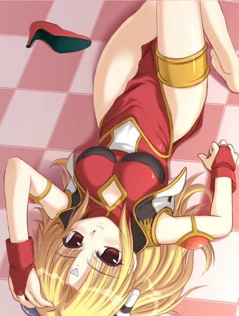 ranpha franboise, galaxy angel, tagme, 00s, 1girl, bare legs, blonde hair, bracelet, brown eyes, cleavage cutout, clothing cutout, dress, facial mark, female focus, forehead mark, gloves, hair ornament, hairclip, jewelry, long hair, looking at viewer, lying, on floor, shoes, side slit, solo, thighlet, unworn shoes