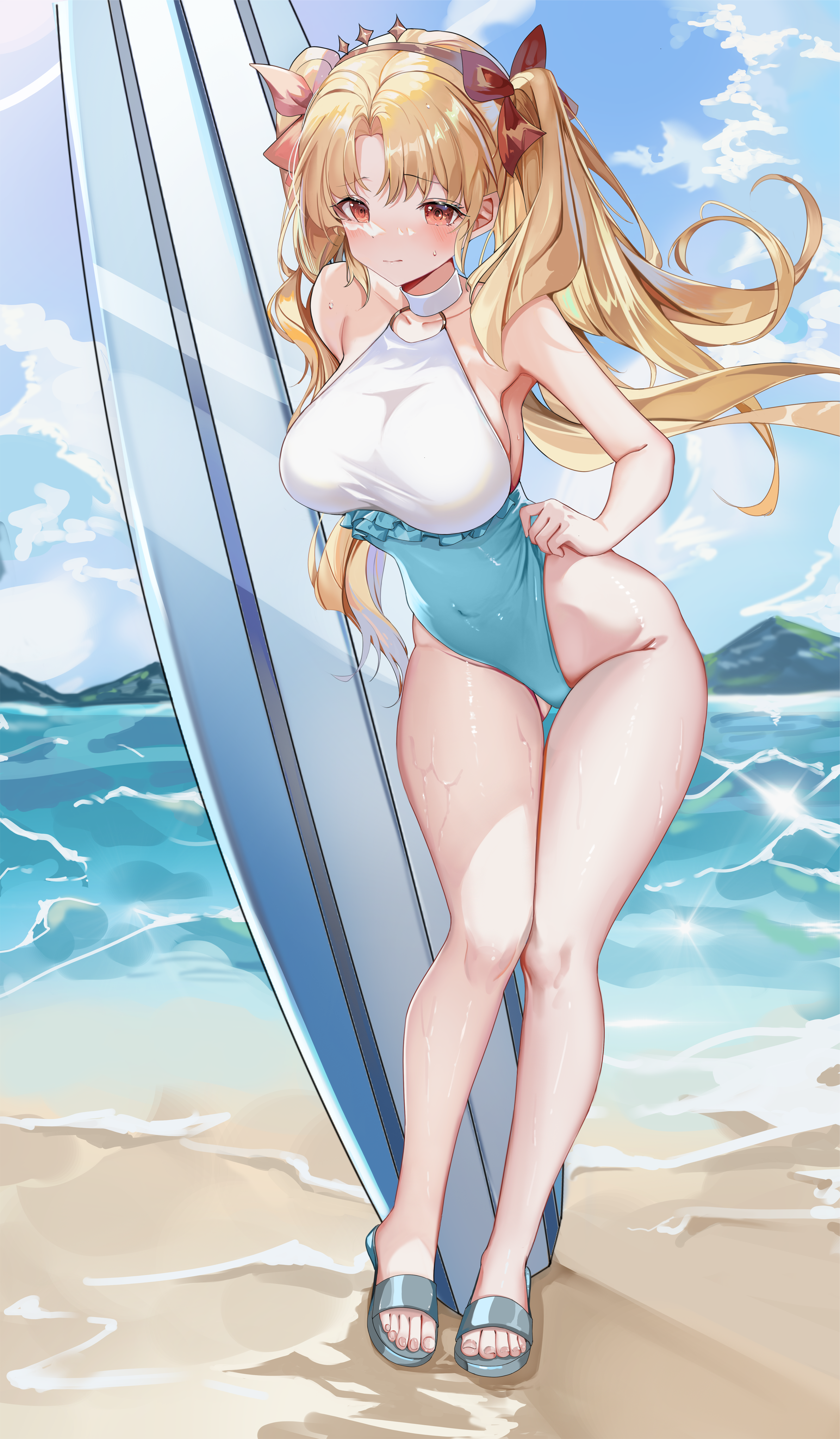 ereshkigal (fate), space ereshkigal (fate), space ereshkigal (first ascension) (fate), fate/grand order, fate (series), absurdres, highres, 1girl, bare arms, bare legs, bare shoulders, blonde hair, blue one-piece swimsuit, blush, breasts, covered navel, frilled one-piece swimsuit, frills, hair ribbon, highleg, highleg one-piece swimsuit, large breasts, long hair, looking at viewer, multicolored one-piece swimsuit, ningmeng ye meiyou wo meng, one-piece swimsuit, parted bangs, red eyes, red ribbon, ribbon, sandals, solo, sweatdrop, swimsuit, toes, twintails, white one-piece swimsuit
