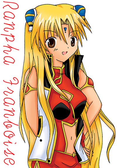 ranpha franboise, galaxy angel, tagme, 00s, 1girl, blonde hair, bracelet, brown eyes, character name, cleavage cutout, clothing cutout, dress, facial mark, female focus, forehead mark, gloves, hair ornament, hairclip, jewelry, long hair, looking at viewer, navel cutout, side slit, solo, text focus, very long hair