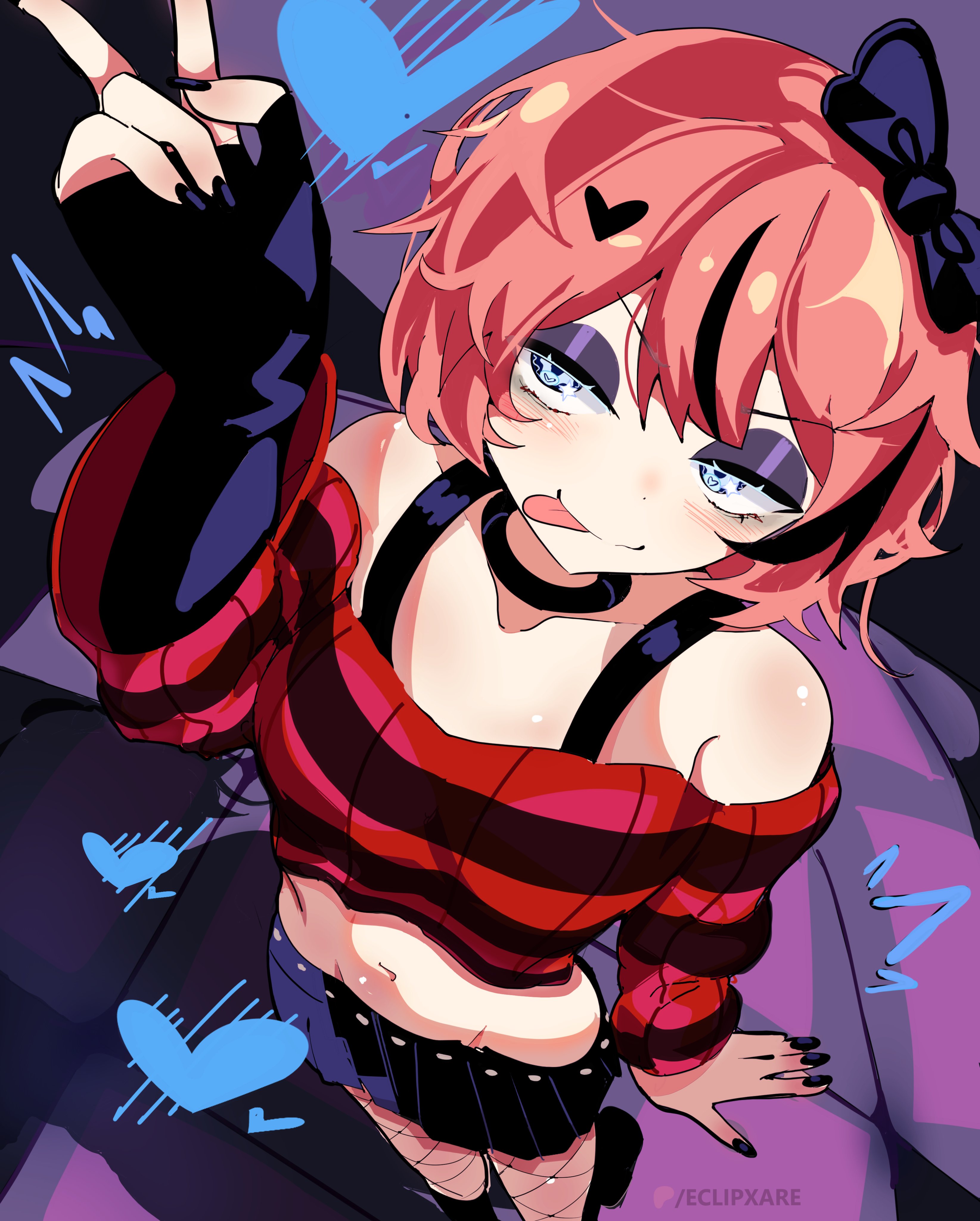 eclipxare, sayori (doki doki literature club), doki doki literature club, absurdres, highres, 1girl, alternate costume, artist name, bare shoulders, black background, black bow, black choker, black nails, black skirt, black streaks, blue eyes, blush, bow, bra strap, choker, detached sleeves, eyeshadow, fingerless gloves, fingernails, fishnets, from above, gloves, goth fashion, hair bow, hand up, heart, hip bones, long fingernails, long sleeves, makeup, messy hair, navel, off-shoulder shirt, off shoulder, patreon username, pink hair, pleated skirt, purple background, purple eyeshadow, red shirt, shirt, short hair, skirt, smile, solo, stomach, striped clothes, striped shirt, tongue, tongue out, v