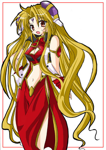 ranpha franboise, galaxy angel, tagme, 00s, 1girl, bare legs, blonde hair, border, bracelet, brown eyes, cleavage cutout, clothing cutout, dress, facial mark, female focus, forehead mark, gloves, hair ornament, hairclip, jewelry, long hair, looking at viewer, navel cutout, outside border, pelvic curtain, side slit, simple background, solo, very long hair, white background