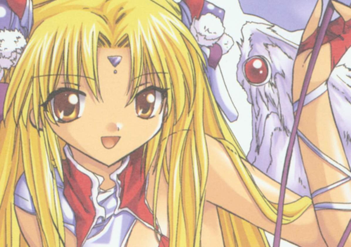 ranpha franboise, galaxy angel, tagme, 00s, 1girl, blonde hair, brown eyes, facial mark, female focus, forehead mark, gloves, hair ornament, hairclip, long hair, looking at viewer, open mouth, smile, solo, wings