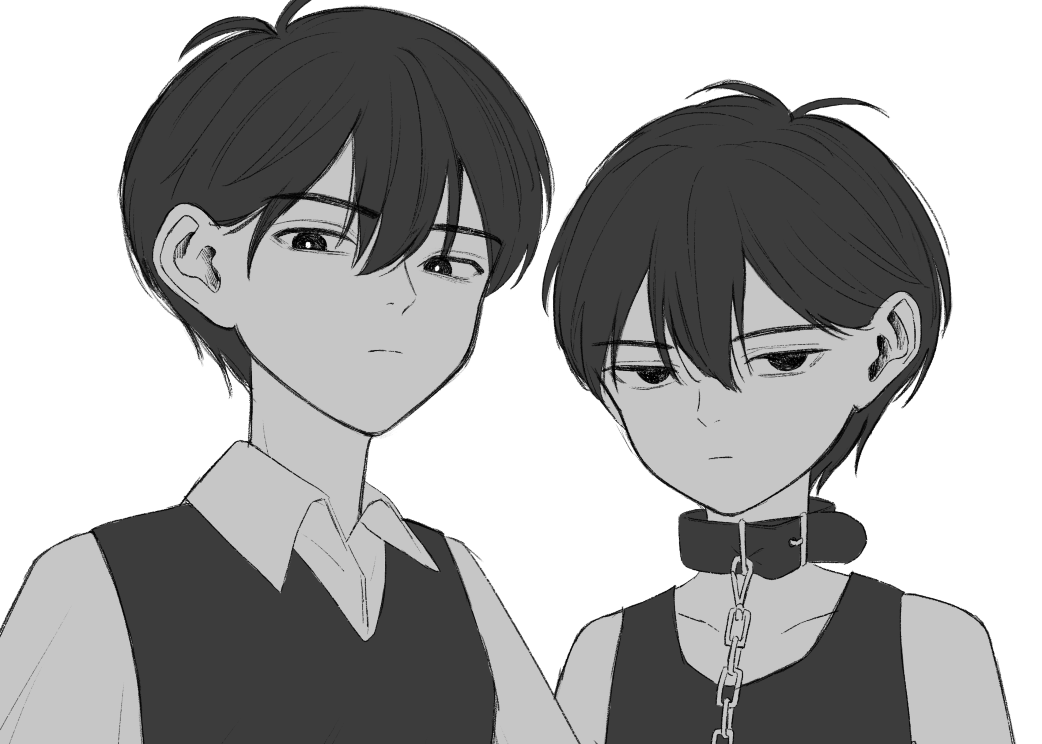 msdnno kabe, omori (omori), sunny (omori), omori, absurdres, highres, 2boys, antenna hair, bright pupils, closed mouth, collar, collarbone, collared shirt, double-parted bangs, dual persona, greyscale, leash, looking at viewer, male focus, monochrome, multiple boys, shirt, simple background, sweater vest, tank top