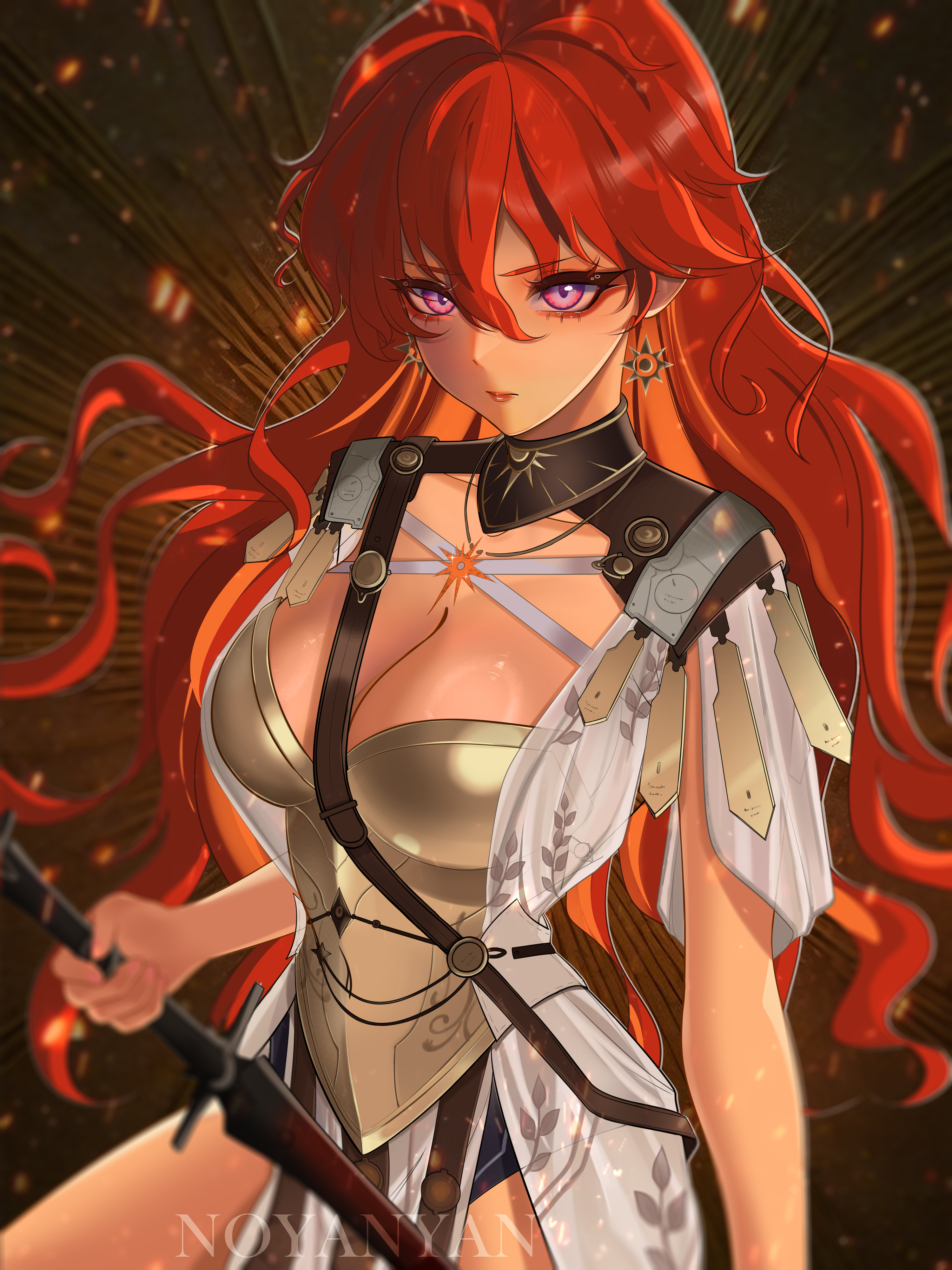 noya nyan, augusta (wuthering waves), wuthering waves, absurdres, commentary, highres, revision, 1girl, ancient greek clothes, armor, black collar, breastplate, breasts, cleavage, closed mouth, collar, dress, earrings, greco-roman clothes, hair ornament, holding, holding sword, holding weapon, jewelry, large breasts, long hair, looking at viewer, orange hair, red eyes, solo, sun earrings, sun necklace, sword, twitter username, weapon, white dress