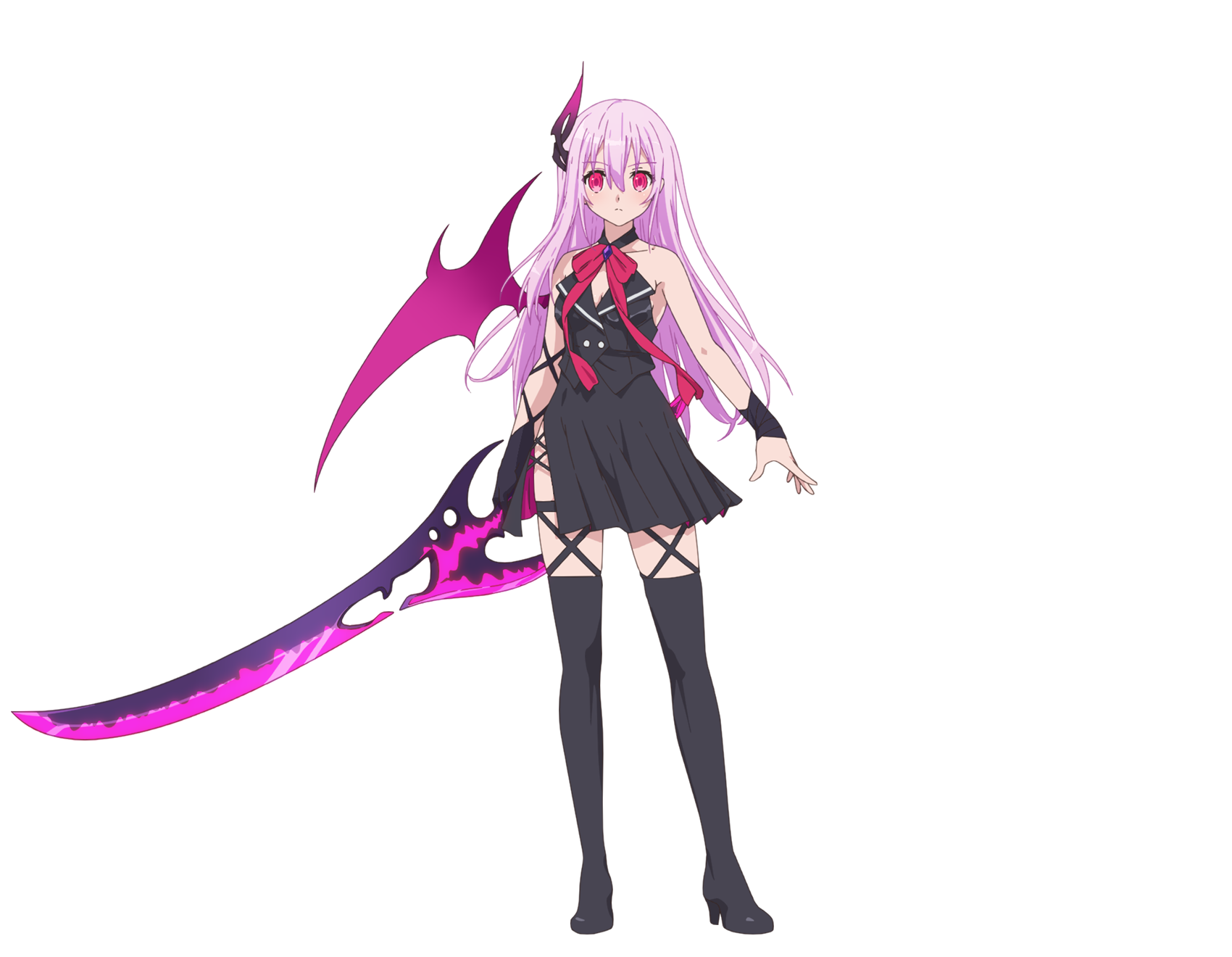 tsunako, kisara (engage kiss), engage kiss, highres, official art, 1girl, anime coloring, bare shoulders, black gloves, black jacket, black skirt, black thighhighs, bow, breasts, closed mouth, demon girl, demon horns, demon wings, full body, gloves, hair between eyes, hair ribbon, henshin, holding, holding sword, holding weapon, horns, jacket, long hair, looking at viewer, pink eyes, pink hair, pleated skirt, red eyes, red ribbon, ribbon, side slit, simple background, single horn, single wing, skirt, sleeveless, sleeveless jacket, solo, standing, sword, thighhighs, thighs, transparent background, weapon, wings