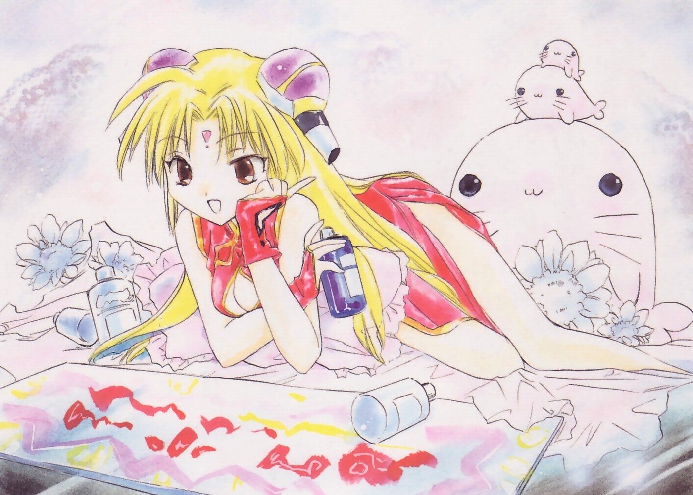 ranpha franboise, galaxy angel, tagme, 00s, 1girl, :3, bare legs, blonde hair, brown eyes, cleavage cutout, clothing cutout, dress, facial mark, female focus, forehead mark, gloves, hair ornament, hairclip, long hair, open mouth, side slit, smile, solo
