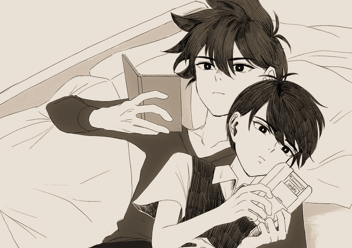 msdnno kabe, hero (faraway) (omori), hero (omori), sunny (omori), omori, 2boys, antenna hair, book, bright pupils, closed mouth, collarbone, collared shirt, double-parted bangs, greyscale, hair between eyes, handheld game console, holding, holding book, holding handheld game console, long sleeves, lying, male focus, monochrome, multiple boys, on back, on bed, shirt, short hair, short sleeves, sweater, sweater vest