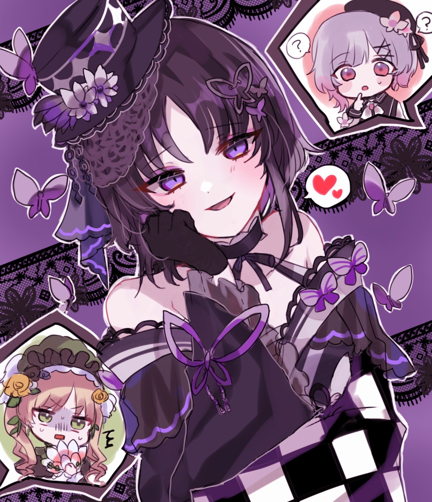 houshou margo, sakuraba ema, toono hanna, mahou shoujo no majo saiban, highres, 3girls, :o, ?, bare shoulders, beret, black gloves, blonde hair, bonnet, bug, butterfly, butterfly hair ornament, butterfly ornament, disgust, dress, finger to own chin, flower, frilled dress, frilled hat, frills, gloves, gothic lolita, gradient hair, hair ornament, hand fan, hand on own face, hat, hat flower, heart, holding, holding fan, insect, lolita fashion, mini hat, mini top hat, multicolored hair, multiple girls, parted lips, pink eyes, pink hair, purple background, purple butterfly, purple dress, purple eyes, purple hair, seductive smile, smile, spoken heart, spoken question mark, top hat, twintails, white background, x hair ornament, yuribatakesaiko