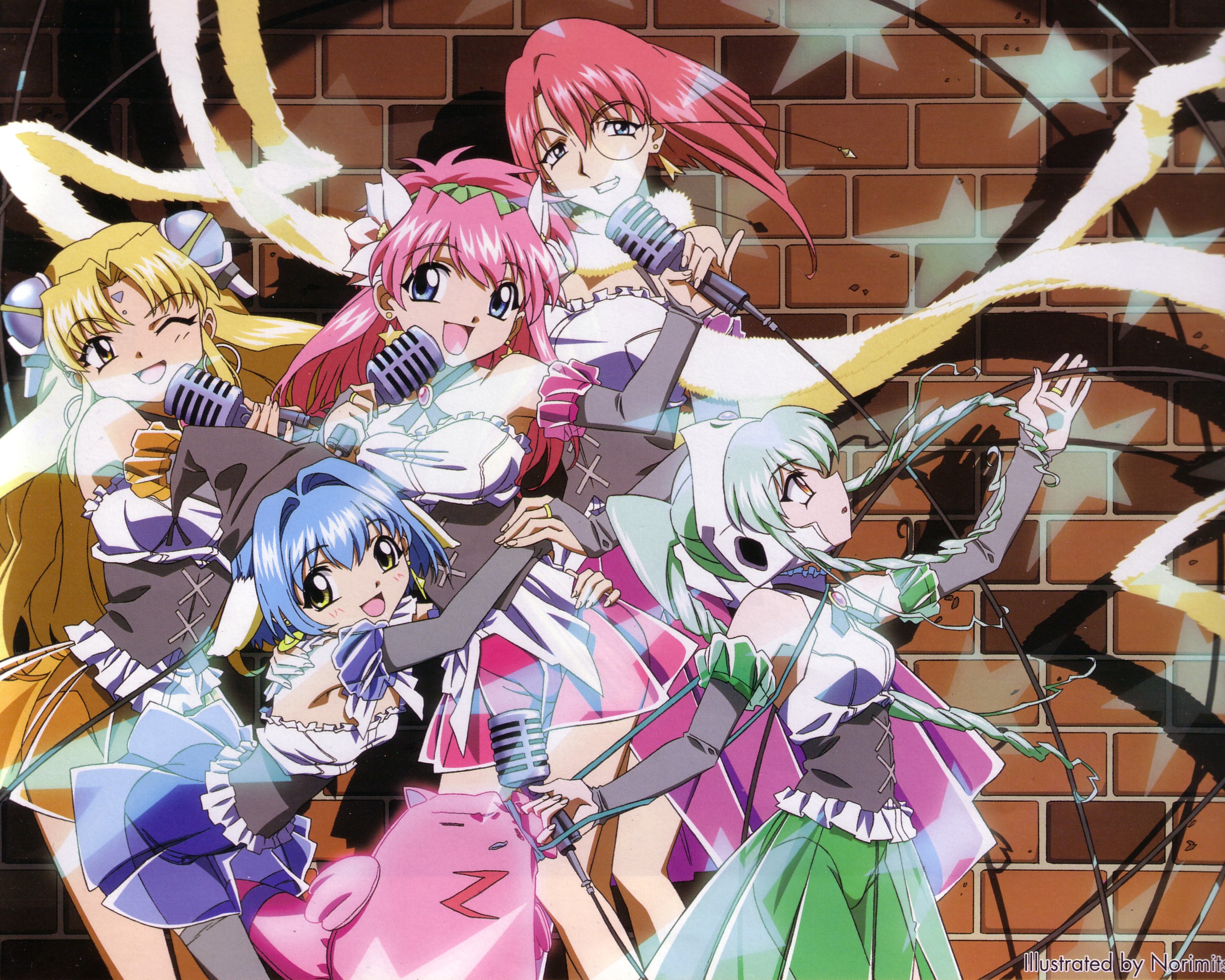 forte stollen, milfeulle sakuraba, mint blancmanche, normad, ranpha franboise, vanilla h, broccoli (company), galaxy angel, highres, 00s, 5girls, blonde hair, blue eyes, blue hair, brick wall, green eyes, green hair, long hair, looking at viewer, microphone, miniskirt, monocle, multiple girls, one eye closed, open mouth, pink hair, red hair, see-through clothes, short hair, skirt, smile, wink, yellow eyes