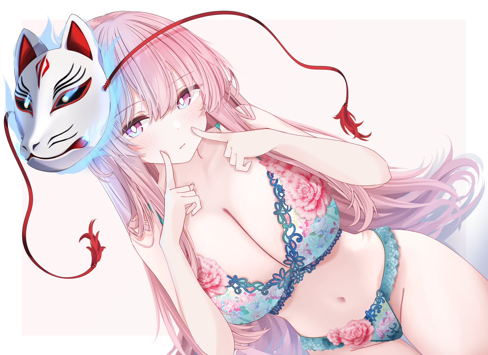 sarasadou dan, hata no kokoro, touhou, commentary, highres, 1girl, breasts, cleavage, closed mouth, floral print bra, floral print panties, fox mask, large breasts, long hair, looking at viewer, mask, mask on head, navel, pink hair, simple background, solo, stomach, thighs, underwear, underwear only, white background