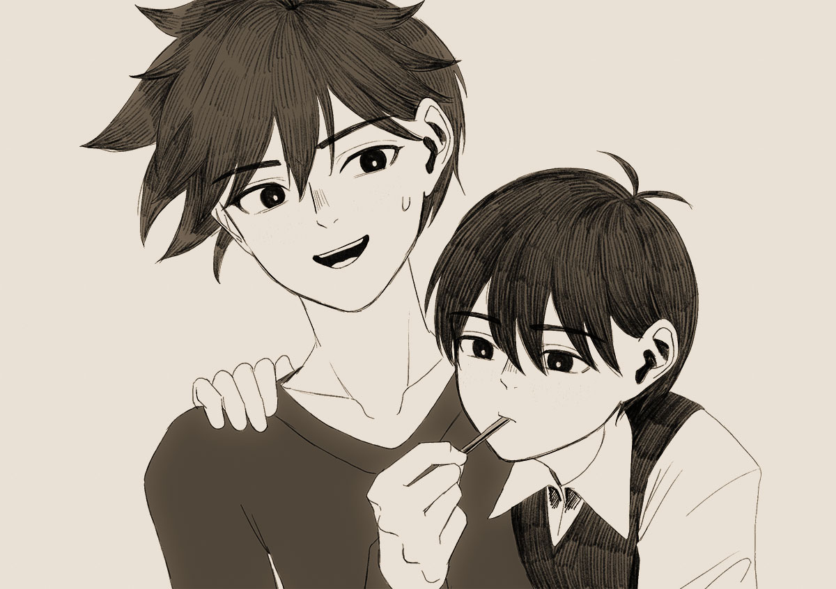 msdnno kabe, hero (faraway) (omori), hero (omori), sunny (omori), omori, 2boys, bright pupils, closed mouth, collarbone, collared shirt, double-parted bangs, greyscale, hair between eyes, long sleeves, looking at another, male focus, monochrome, multiple boys, open mouth, shirt, short hair, short sleeves, simple background, sweatdrop, sweater, sweater vest, teeth, tongue, upper teeth only