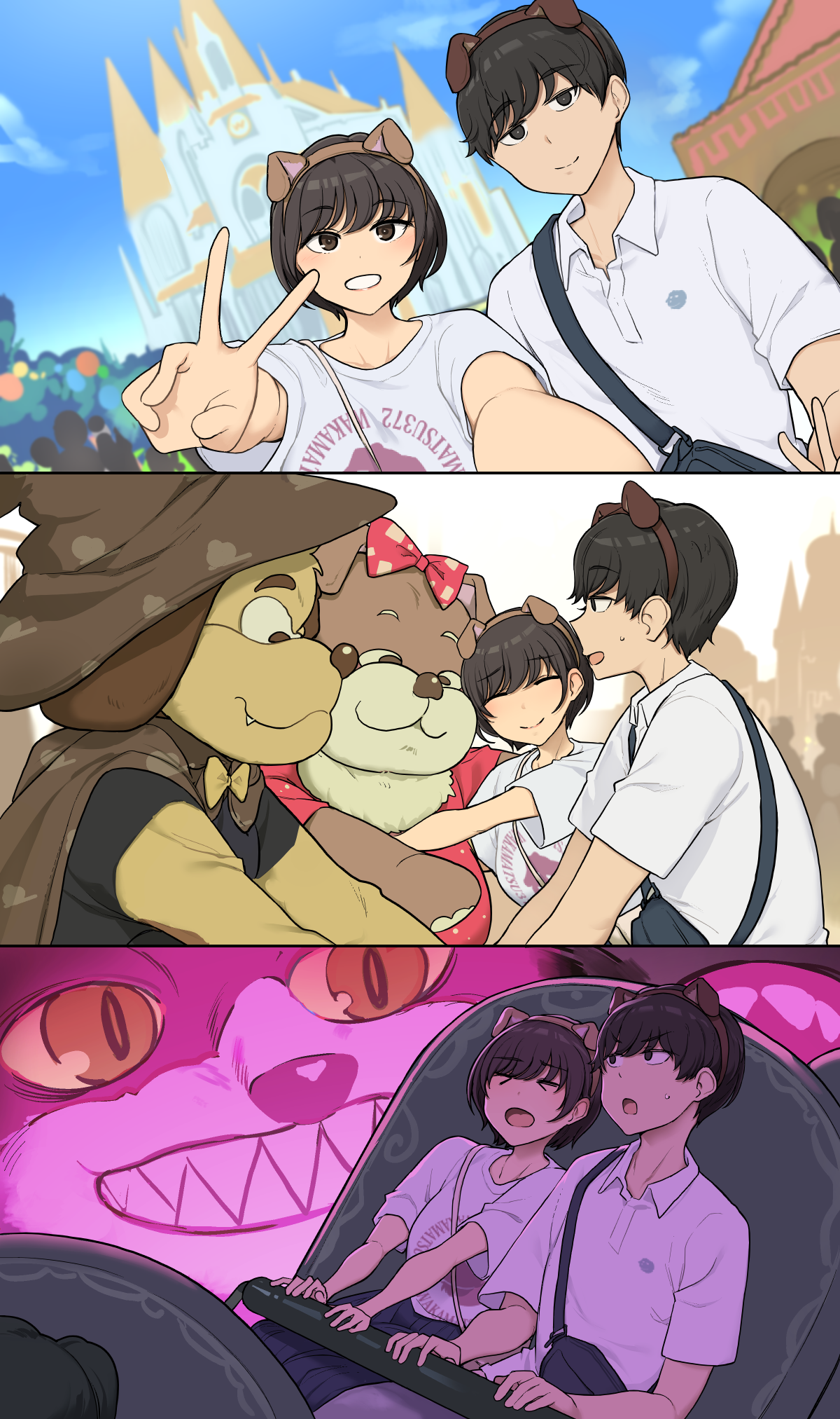 wakamatsu372, original, commentary request, highres, > <, 1boy, 1girl, ^ ^, animal ears, black eyes, black hair, blue sky, castle, closed eyes, closed mouth, cloud, dating, day, dog ears, fake animal ears, looking at viewer, open mouth, outdoors, selfie, shirt, short hair, sky, smile, v, white shirt