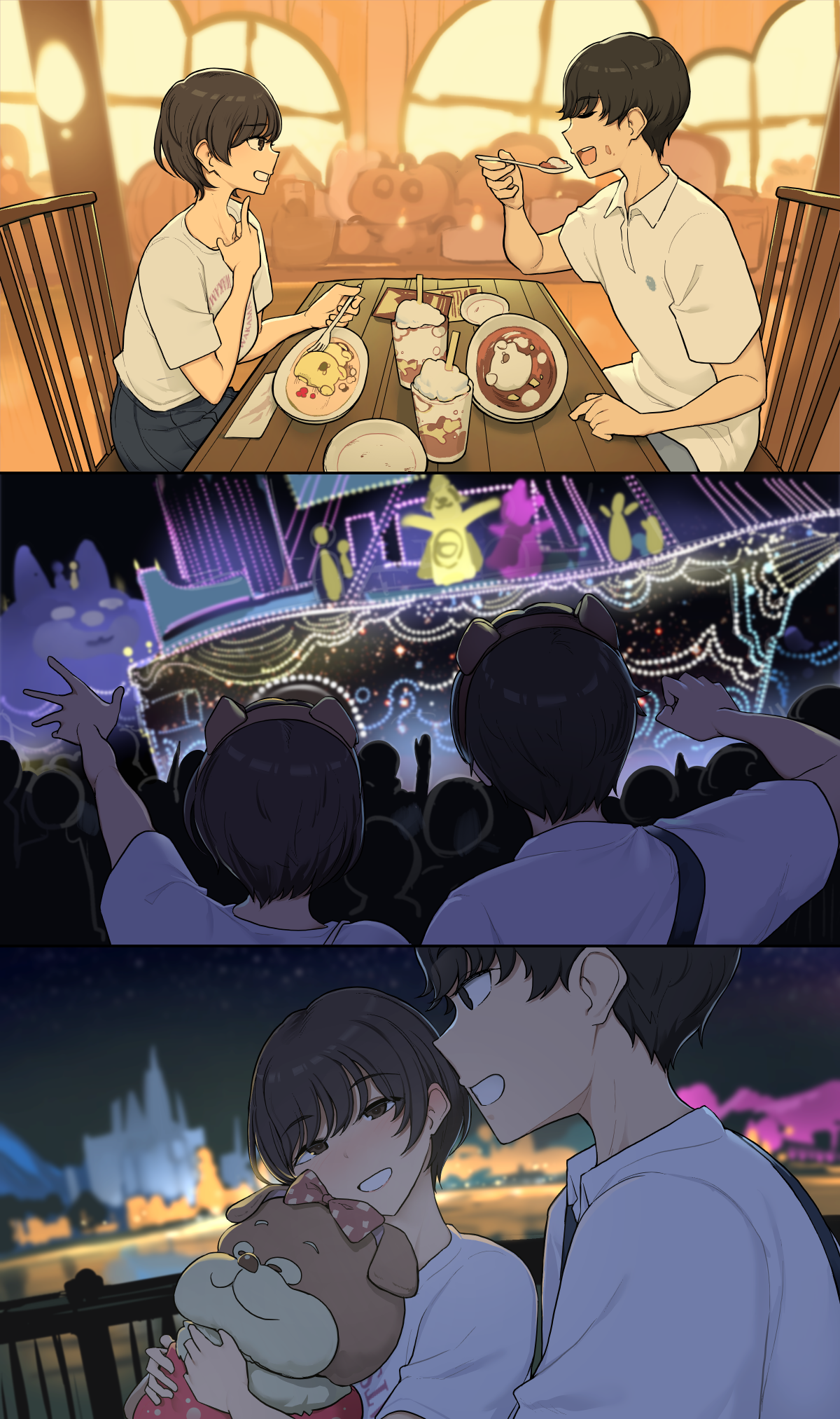 wakamatsu372, original, commentary request, highres, 1boy, 1girl, black hair, blurry, blurry background, dating, eating, feet, fork, holding, holding fork, holding spoon, holding stuffed toy, night, night sky, plate, short hair, sky, smile, spoon, stuffed animal, stuffed toy