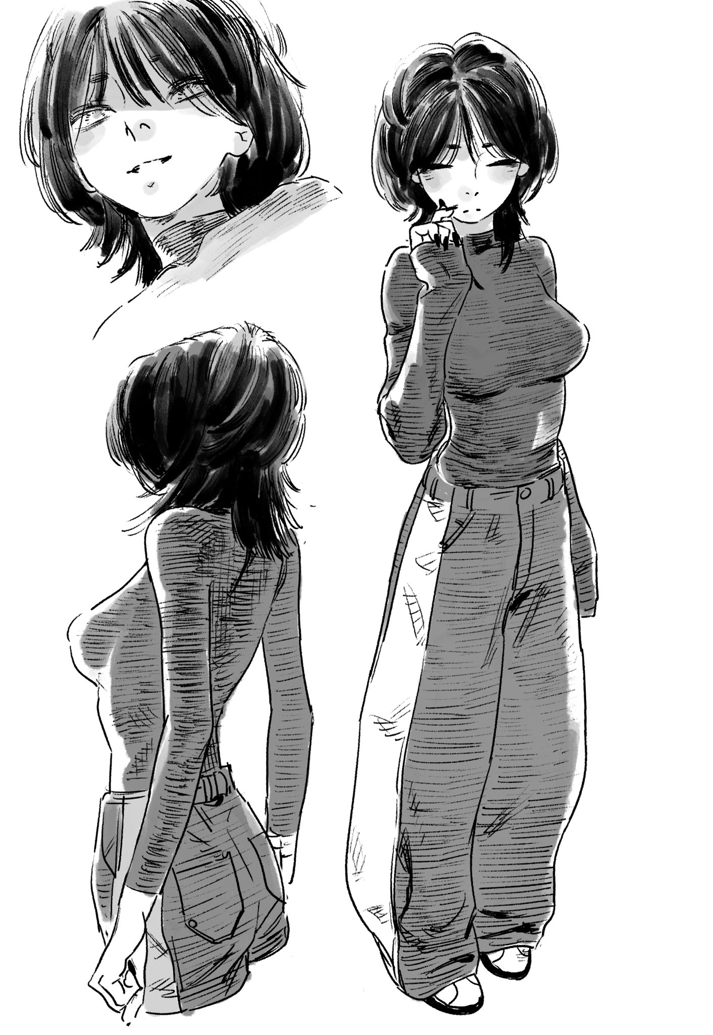 dray (meerkat dray), original, highres, 1girl, blush, breasts, closed eyes, greyscale, long sleeves, looking at viewer, monochrome, multiple views, pants, short hair, smile, sweater, white background