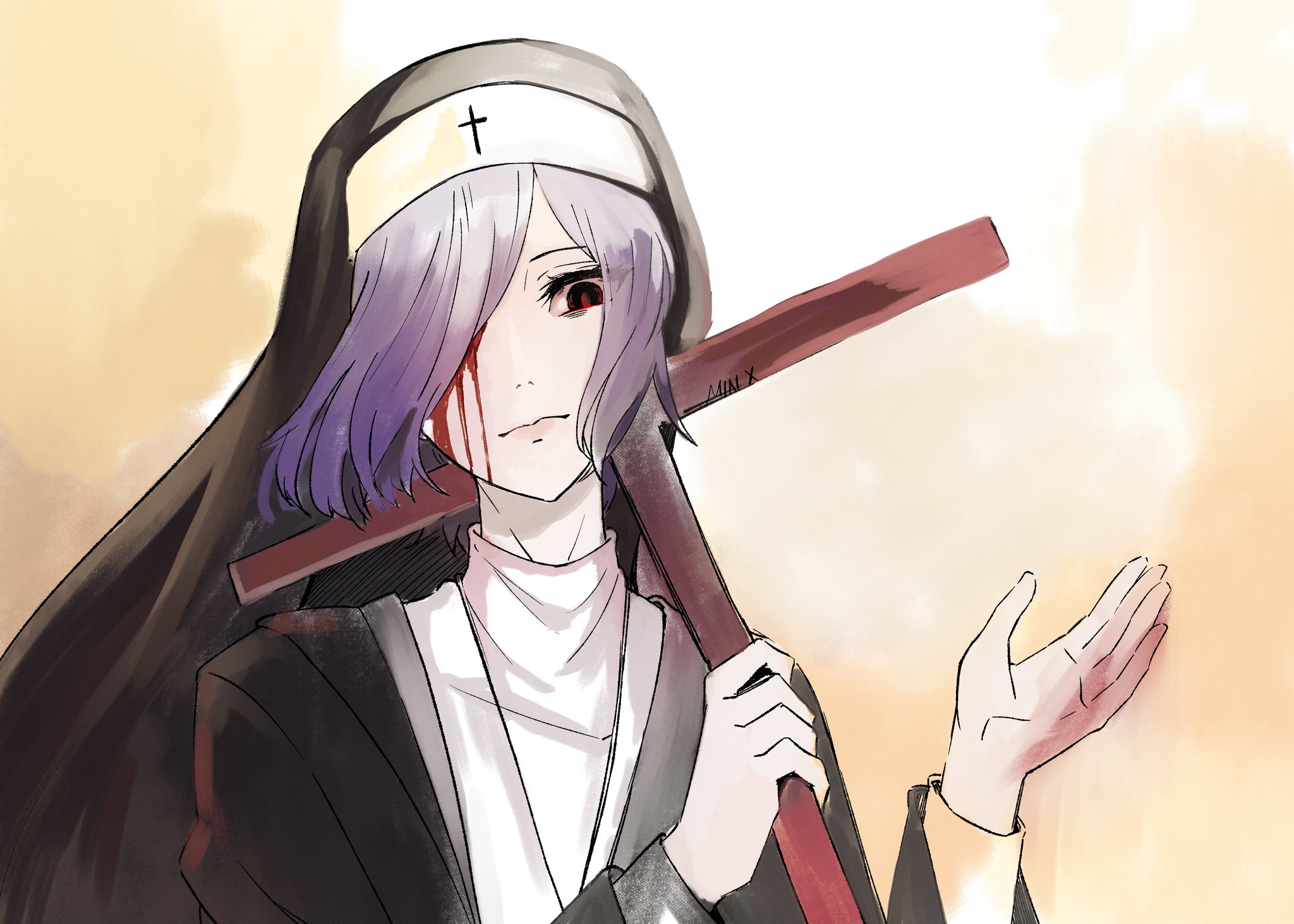 kirishima touka, tokyo ghoul, highres, 1girl, black veil, blood, blood on face, closed mouth, cross, dress, gradient background, holding, holding cross, long sleeves, looking at viewer, min (w xin), nun, purple hair, red eyes, smile, solo, traditional nun, upper body, veil, white background, yellow background