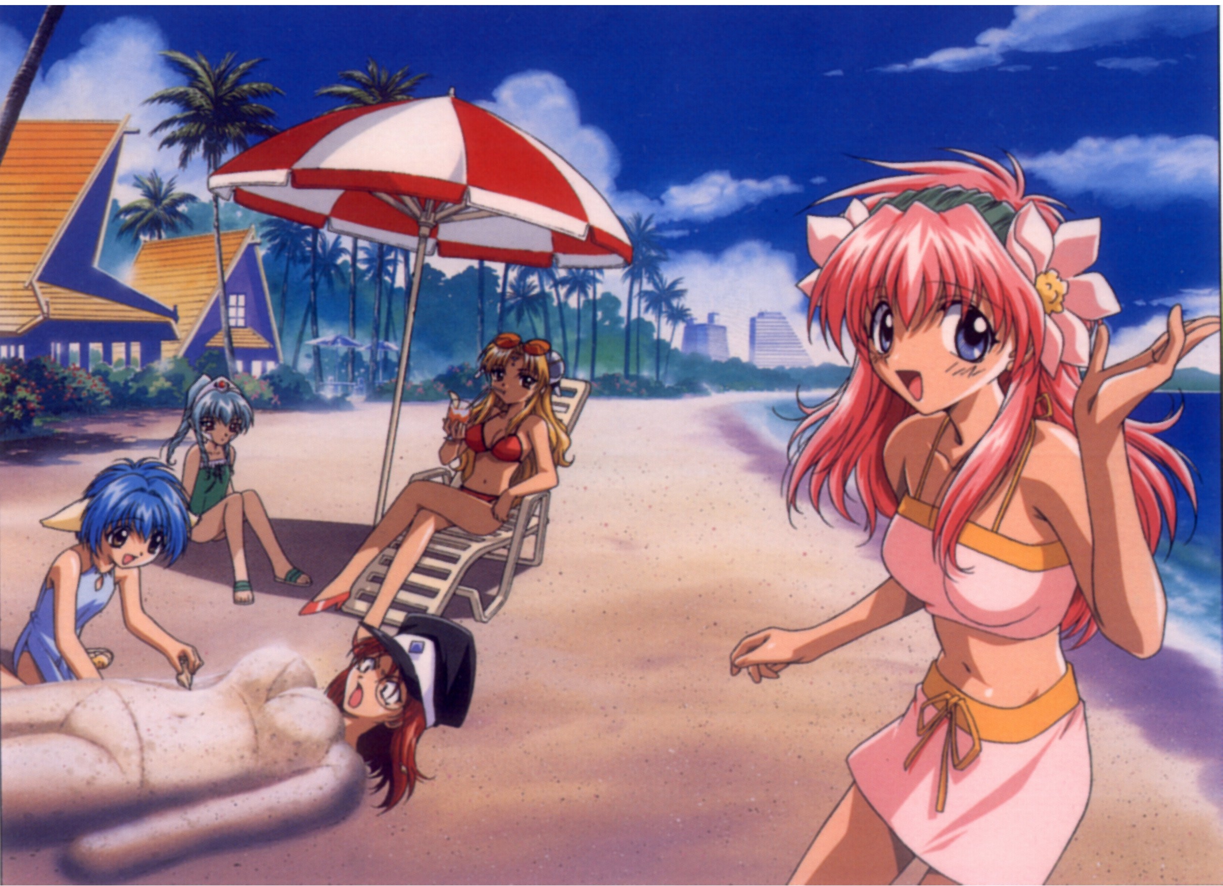 forte stollen, milfeulle sakuraba, mint blancmanche, ranpha franboise, vanilla h, galaxy angel, highres, 00s, 5girls, beach, bikini, blonde hair, blue eyes, blue hair, cloud, green hair, looking at viewer, monocle, multiple girls, ocean, open mouth, outdoors, palm tree, pink hair, red hair, sandals, sky, smile, swimsuit, tree