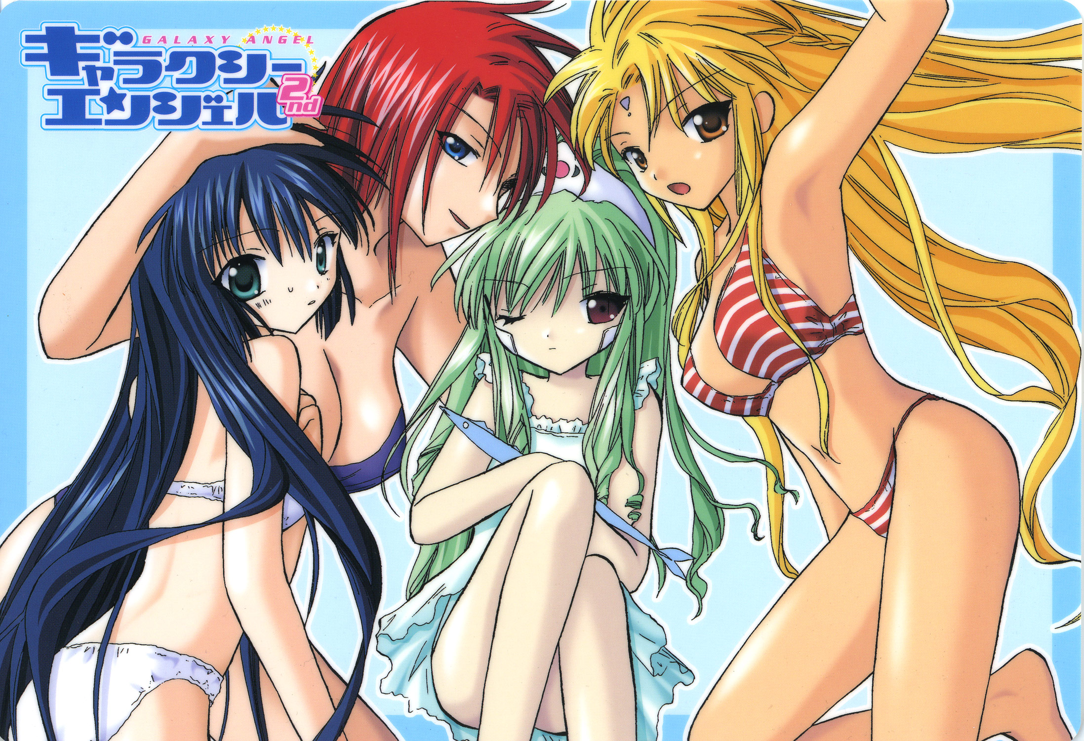 forte stollen, karasuma chitose, mint blancmanche, ranpha franboise, vanilla h, galaxy angel, highres, 00s, 4girls, bikini, blonde hair, blue eyes, blue hair, breasts, brown eyes, cleavage, copyright name, flat chest, green hair, large breasts, long hair, looking at viewer, looking back, multiple girls, one eye closed, pink hair, red eyes, red hair, short hair, swimsuit, very long hair