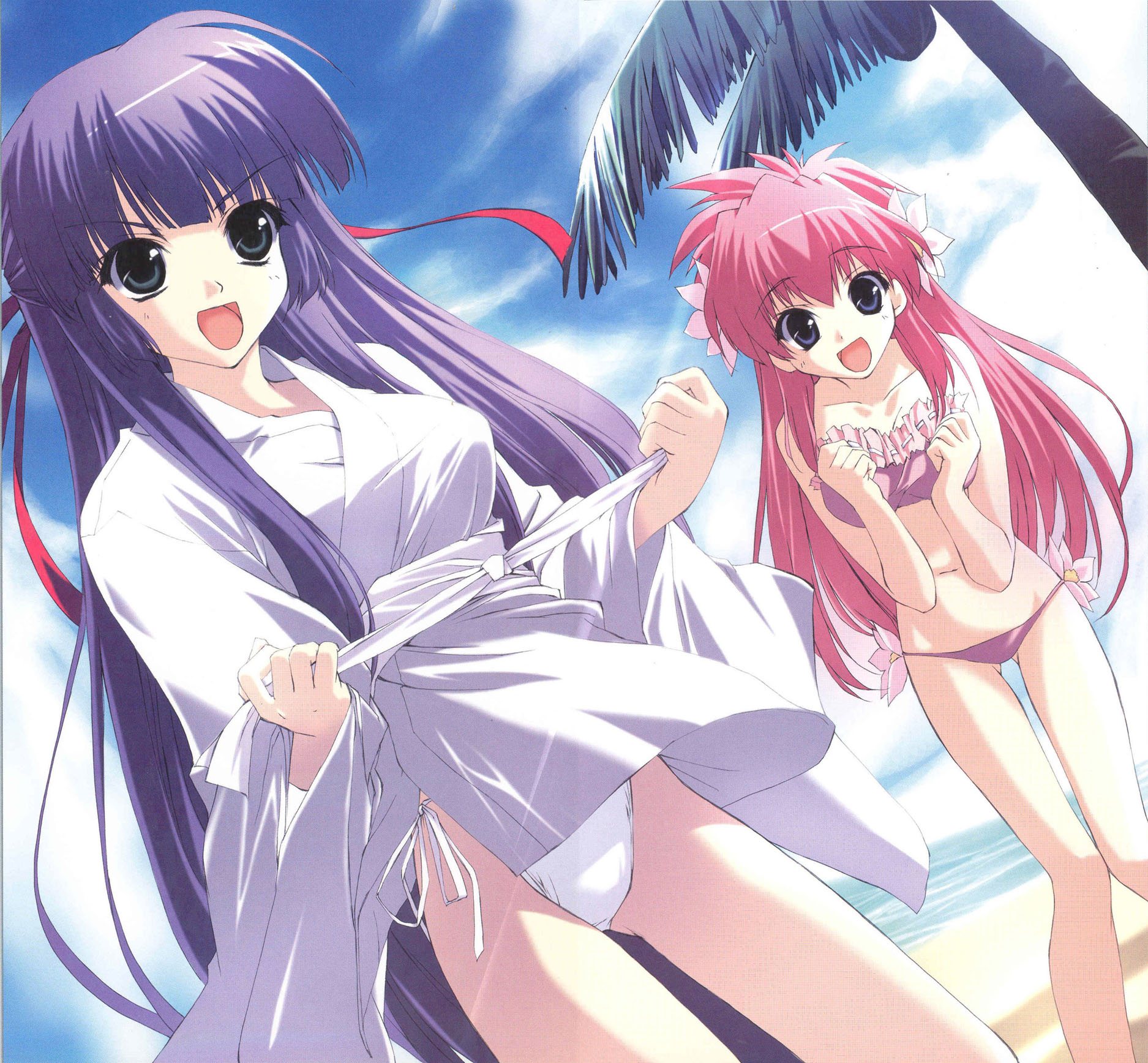 karasuma chitose, milfeulle sakuraba, galaxy angel, highres, 00s, 2girls, beach, bikini, blue eyes, blue hair, cloud, coconut tree, dutch angle, flower, hair flower, hair ornament, japanese clothes, kimono, knees together feet apart, long hair, lowleg, lowleg bikini, multiple girls, open mouth, outdoors, palm tree, pink hair, purple hair, side-tie bikini bottom, sky, smile, swimsuit, swimsuit under clothes, tree, very long hair, white bikini, yukata