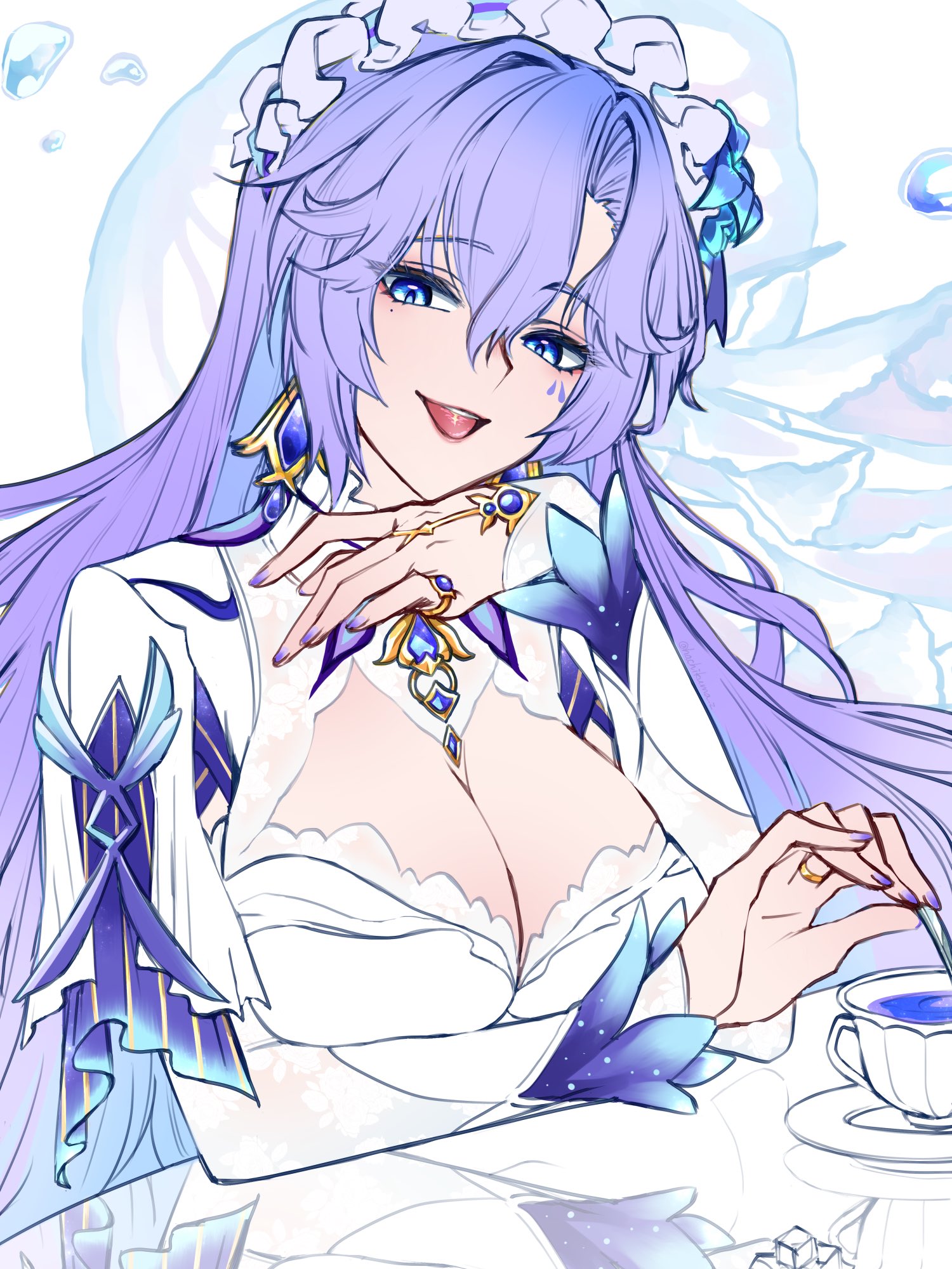 hachikuma z, cantarella (wuthering waves), wuthering waves, commentary request, highres, 1girl, blue eyes, blue flower, breasts, cleavage, cup, earrings, facial mark, flower, hair between eyes, hair flower, hair ornament, hand up, headdress, jewelry, large breasts, long hair, looking at viewer, mark under eye, mole, mole under eye, nail polish, open mouth, purple hair, purple nails, shrug (clothing), smile, solo, tacet mark (wuthering waves), teacup, very long hair, white shrug