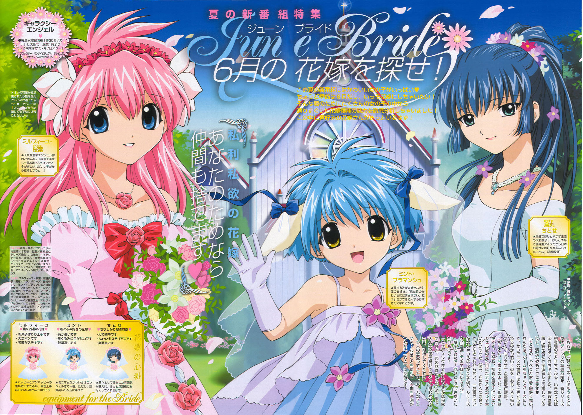 karasuma chitose, milfeulle sakuraba, mint blancmanche, galaxy angel, highres, 00s, 3girls, animal ears, blue eyes, blue hair, bouquet, dress, flower, gloves, green eyes, jewelry, long hair, looking at viewer, multiple girls, necklace, outdoors, petals, pink hair, puffy sleeves, rose, short hair, wedding dress, yellow eyes