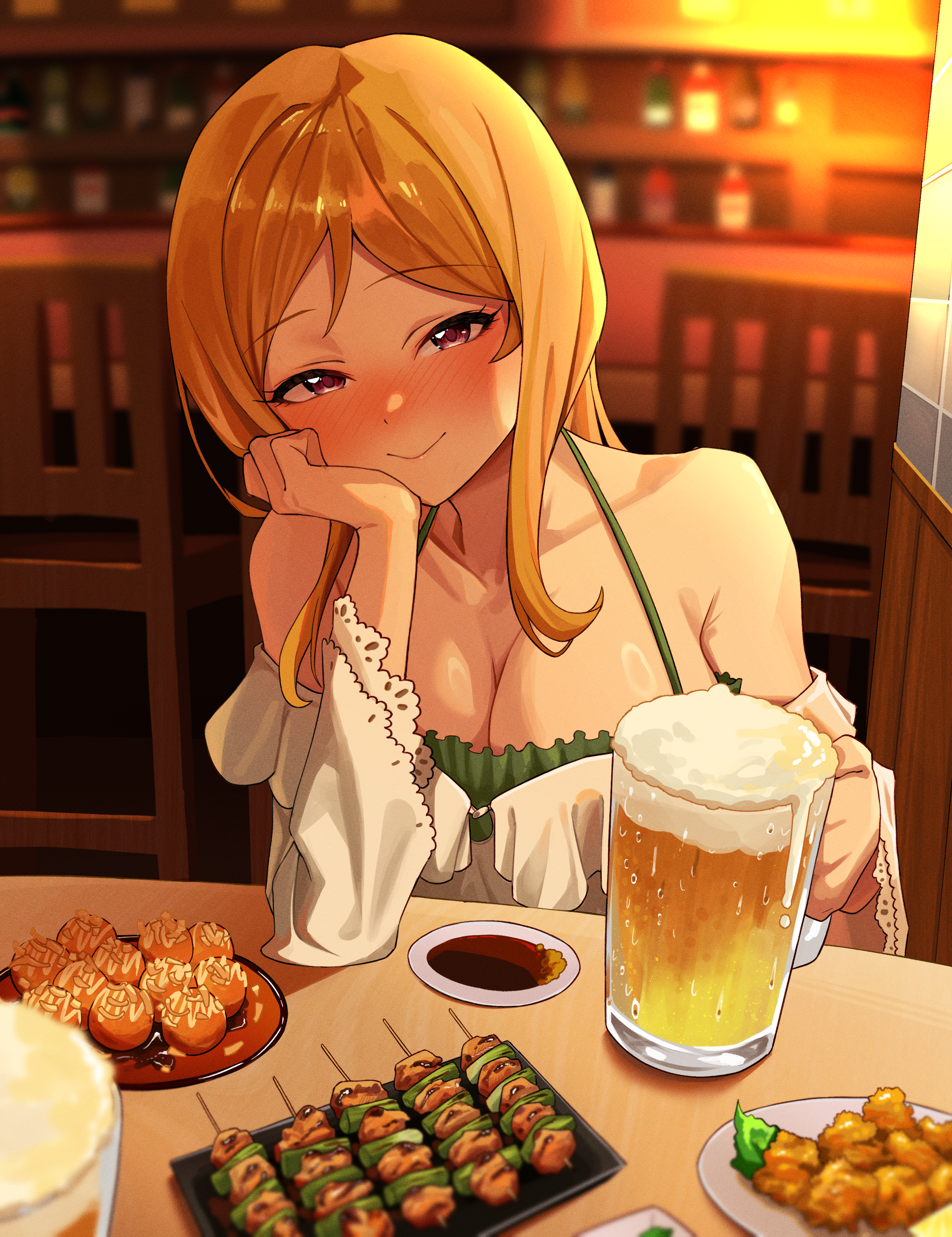 cabbage (chlehd2239), momose rio, idolmaster, idolmaster million live!, absurdres, highres, 1girl, alcohol, beer, beer mug, blonde hair, blurry, blurry background, blush, breasts, cleavage, collarbone, cup, food, holding, holding cup, large breasts, long hair, looking at viewer, mug, nose blush, pov across table, restaurant, smile, solo, soy sauce, takoyaki, yakitori