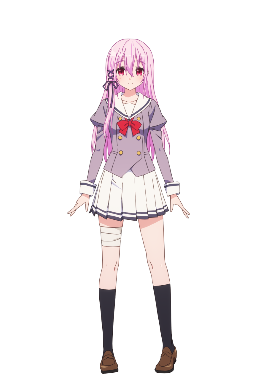 tsunako, kisara (engage kiss), engage kiss, highres, official art, 1girl, anime coloring, bandaged leg, bandages, black socks, bow, breasts, brown shoes, closed mouth, full body, hair between eyes, hair ornament, hair ribbon, juliet sleeves, loafers, long hair, long sleeves, looking at viewer, pink eyes, pink hair, pleated skirt, puffy long sleeves, puffy sleeves, red bow, red eyes, ribbon, sailor collar, school uniform, serafuku, shoes, simple background, skirt, smile, socks, solo, standing, transparent background, white sailor collar, white skirt