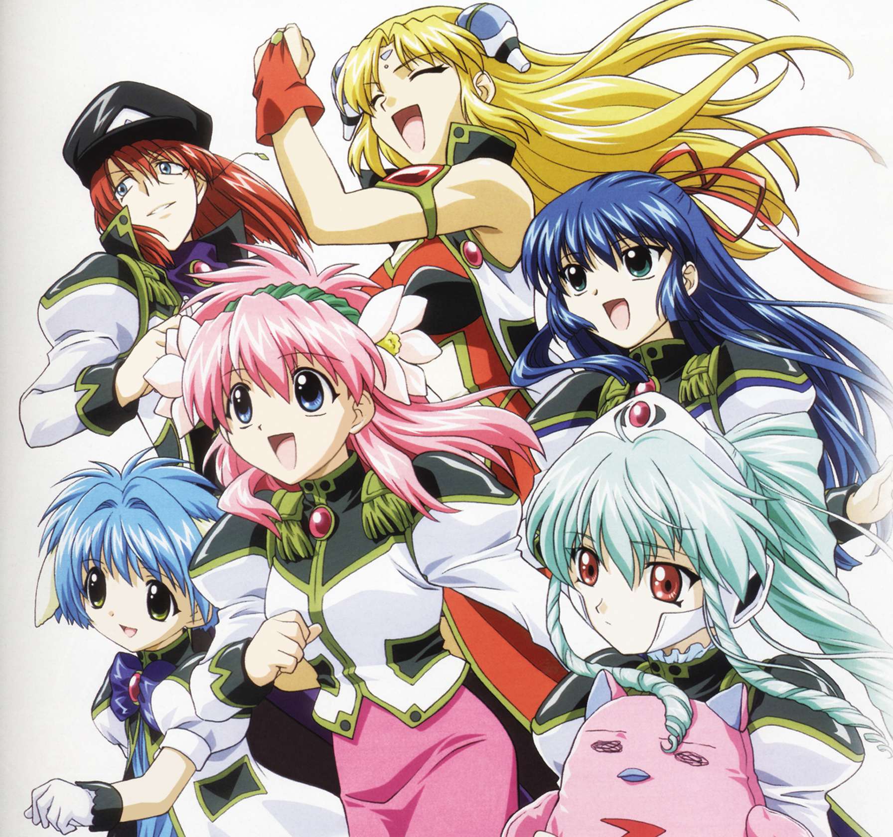 forte stollen, karasuma chitose, milfeulle sakuraba, mint blancmanche, normad, ranpha franboise, vanilla h, galaxy angel, highres, 00s, 6+girls, blonde hair, blue eyes, blue hair, brown eyes, green hair, monocle, multiple girls, pink hair, red eyes, red hair, running, simple background, smile, white background