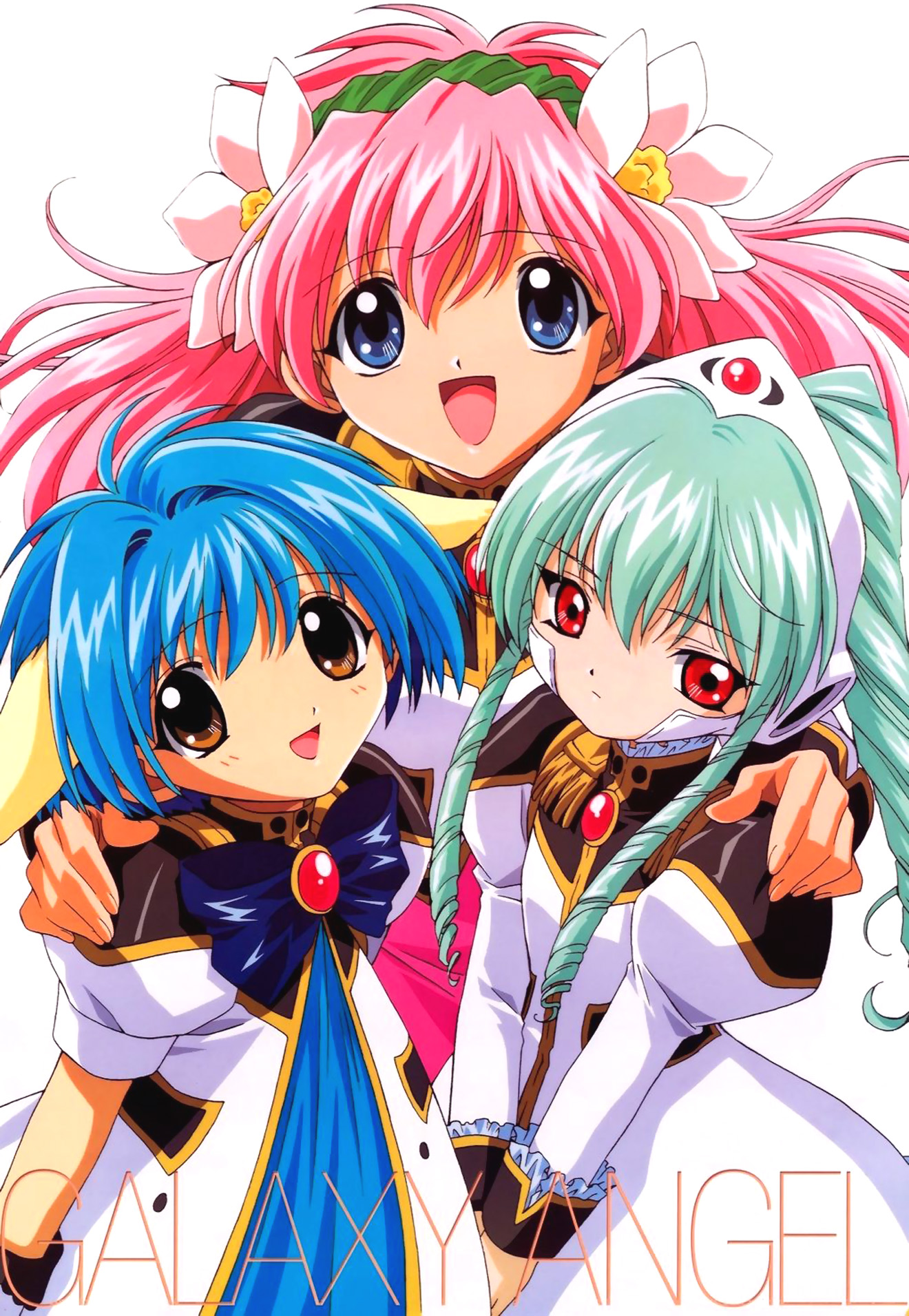 milfeulle sakuraba, mint blancmanche, vanilla h, galaxy angel, highres, 00s, 3girls, blue eyes, blue hair, brown eyes, copyright name, green hair, high ponytail, long hair, looking at viewer, multiple girls, open mouth, pink hair, ponytail, red eyes, short hair, simple background, smile, white background