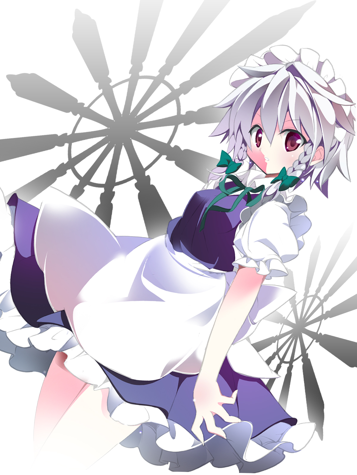 tomatomato (tomato kanzume), izayoi sakuya, touhou, highres, 1girl, apron, blue skirt, braid, collared shirt, looking at viewer, medium hair, red eyes, shirt, short sleeves, skirt, solo, twin braids, waist apron, white hair, white shirt