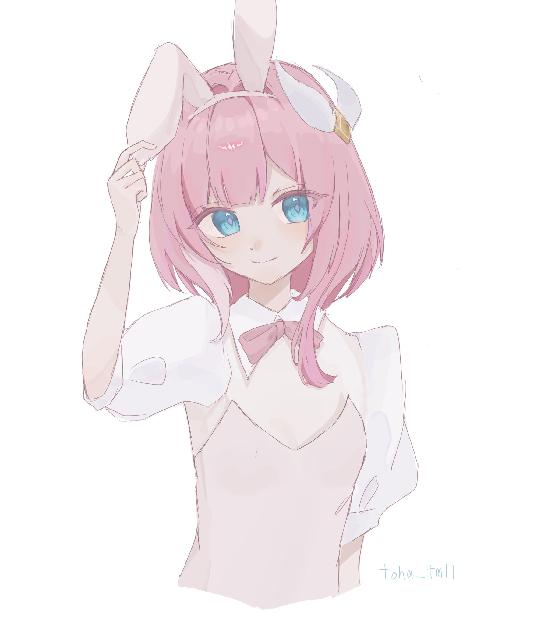 cyrene (honkai: star rail), honkai: star rail, honkai (series), commentary request, highres, 1girl, alternate costume, animal ears, blue eyes, breasts, fake animal ears, hair ornament, leotard, looking at viewer, pink hair, pink leotard, playboy bunny, rabbit ears, short hair, simple background, small breasts, smile, solo, toha tm11, white background