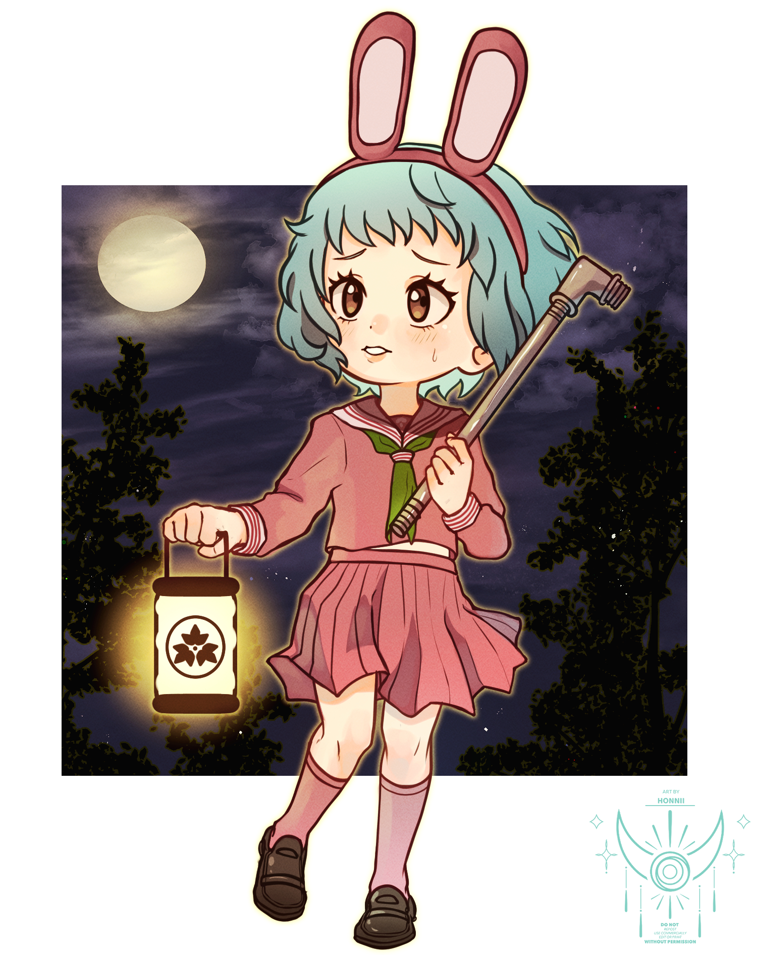 honnii, shimizu hinako, yamagishi fuuka, persona, persona 3, silent hill (series), silent hill f, commentary request, highres, 1girl, animal ears, aqua hair, border, brown shoes, chibi, cloud, full moon, green neckerchief, holding, holding lantern, holding lead pipe, lantern, lead pipe, loafers, long sleeves, looking afar, midriff peek, moon, neckerchief, night, night sky, official alternate color, outside border, paper lantern, parted lips, pink serafuku, pink skirt, pink socks, rabbit ears, sailor collar, school uniform, serafuku, shoes, short hair, signature, skirt, sky, socks, solo, suzie yeung, sweatdrop, tree, voice actor connection, white border, white sailor collar