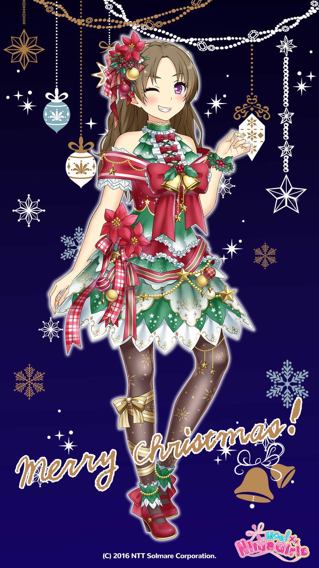 kokonohi hotaru, moe! ninja girls, highres, official art, 1girl, bare shoulders, bell, blue background, bow, brown hair, christmas, christmas tree costume, dress, full body, gradient background, grin, hair ornament, high heels, long hair, merry christmas, one eye closed, pantyhose, purple eyes, red ribbon, ribbon, santa costume, santa dress, smile, solo, star (symbol)