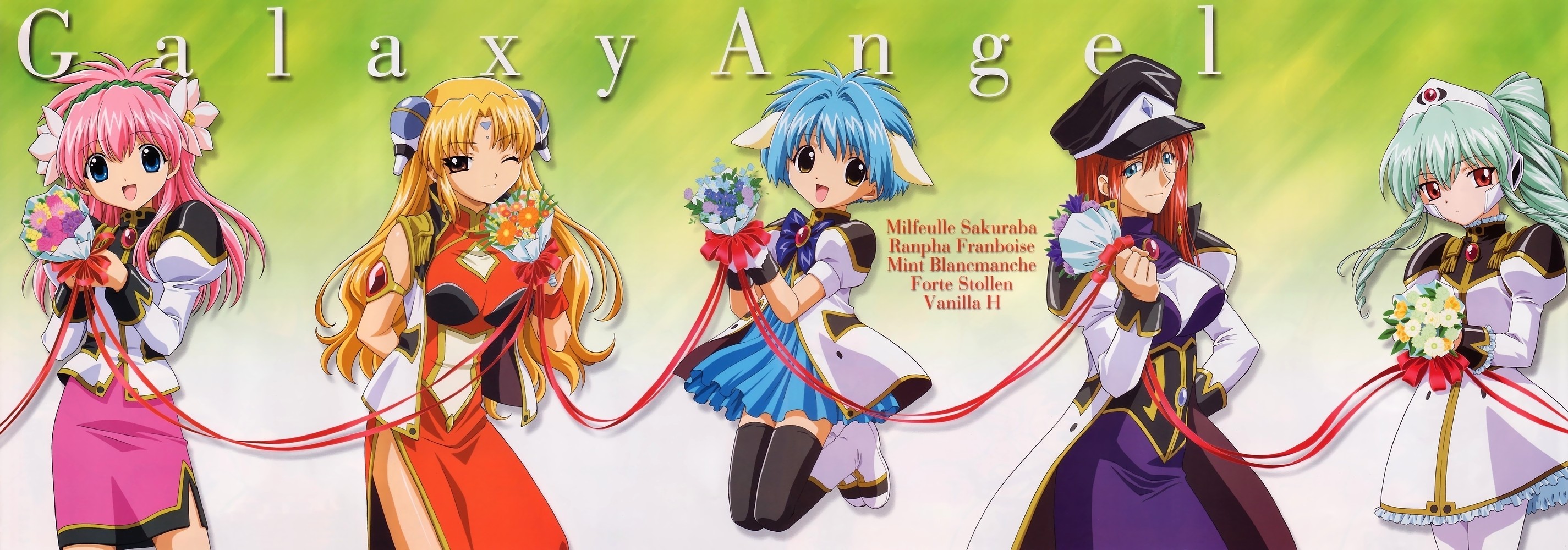 forte stollen, milfeulle sakuraba, mint blancmanche, ranpha franboise, vanilla h, galaxy angel, highres, long image, wide image, 00s, 5girls, blonde hair, blue eyes, blue hair, breasts, brown eyes, green hair, large breasts, looking at viewer, monocle, multiple girls, one eye closed, open mouth, pink hair, red eyes, red hair, smile, wink