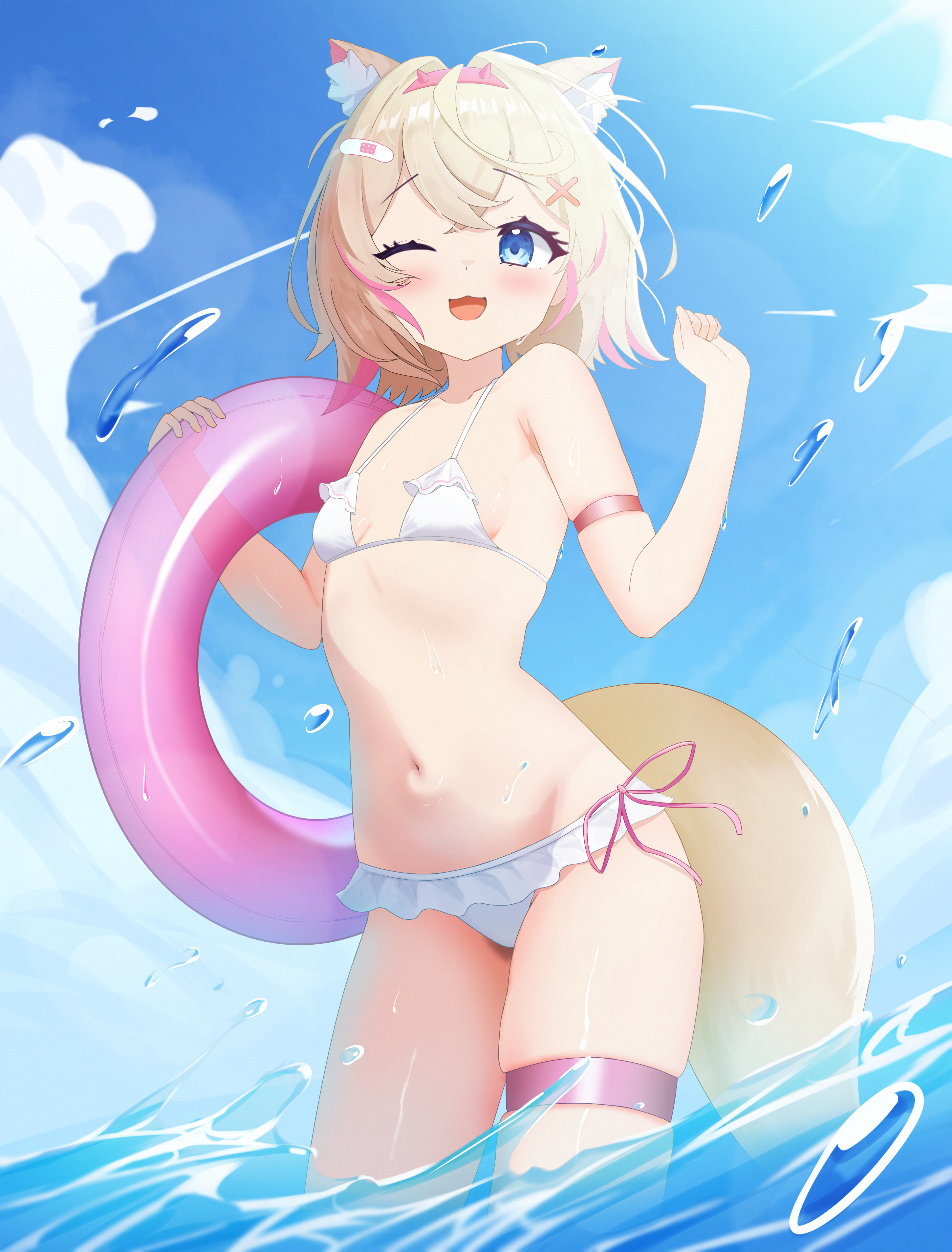 daf (daf 4), mococo abyssgard, hololive, hololive english, absurdres, highres, 1girl, ;d, animal ear fluff, animal ears, bandaid, bandaid hair ornament, bikini, blonde hair, blue eyes, blue sky, breasts, cloud, crossed bangs, cumulonimbus cloud, day, dog ears, dog girl, dog tail, double-parted bangs, frilled bikini, frills, hair between eyes, hair intakes, hair ornament, hairband, horn hairband, innertube, multicolored hair, navel, one eye closed, open mouth, outdoors, pink hair, pink hairband, short hair, sky, small breasts, smile, solo, stomach, streaked hair, swim ring, swimsuit, tail, thigh strap, two side up, virtual youtuber, wading, white bikini, x hair ornament