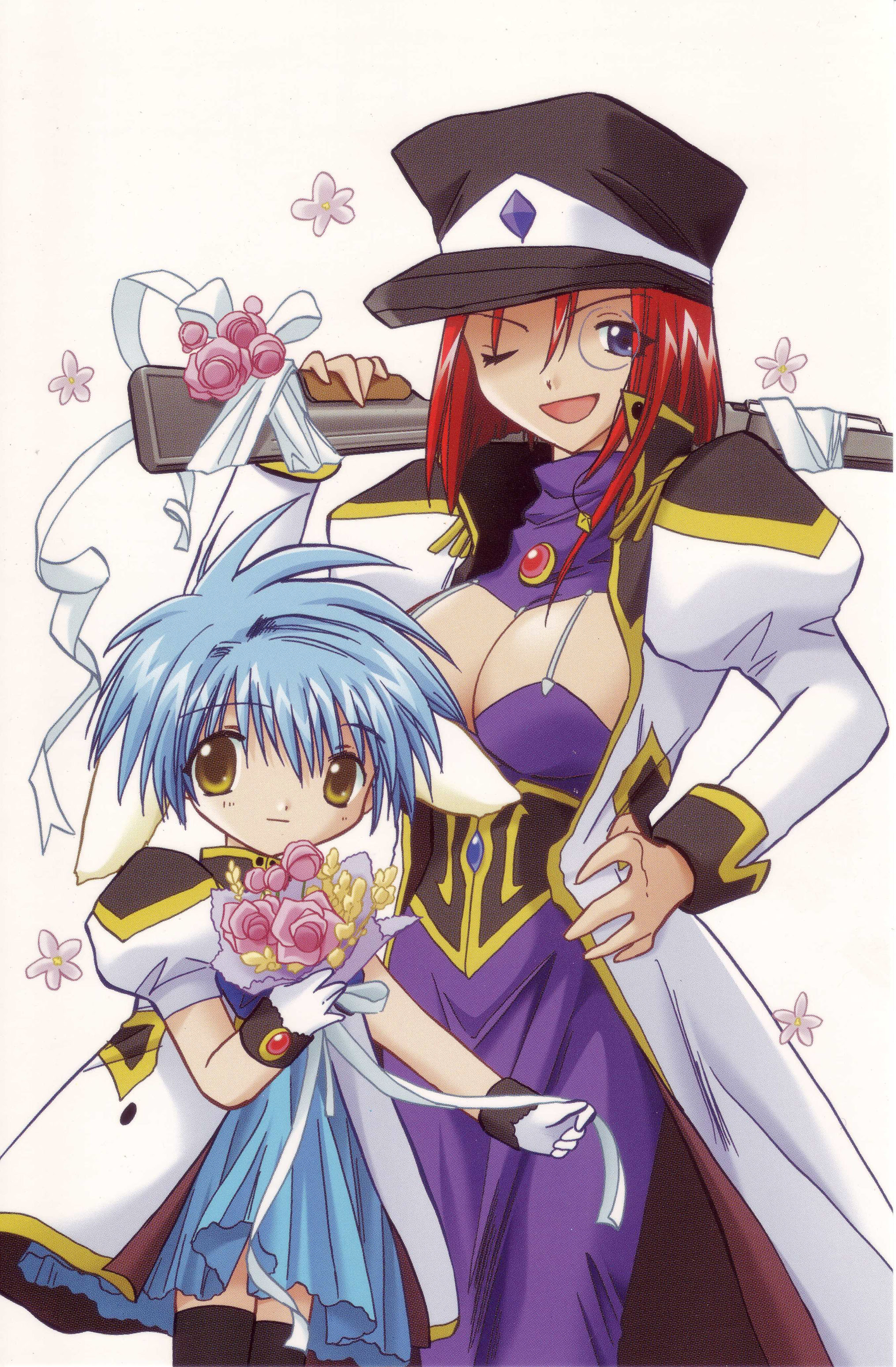 forte stollen, mint blancmanche, galaxy angel, absurdres, highres, 00s, 2girls, bad anatomy, bad hands, blue eyes, blue hair, breasts, brown eyes, cleavage, cleavage cutout, clothing cutout, gun, large breasts, looking at viewer, monocle, multiple girls, no bra, one eye closed, open mouth, red hair, short hair, simple background, weapon, white background, wink