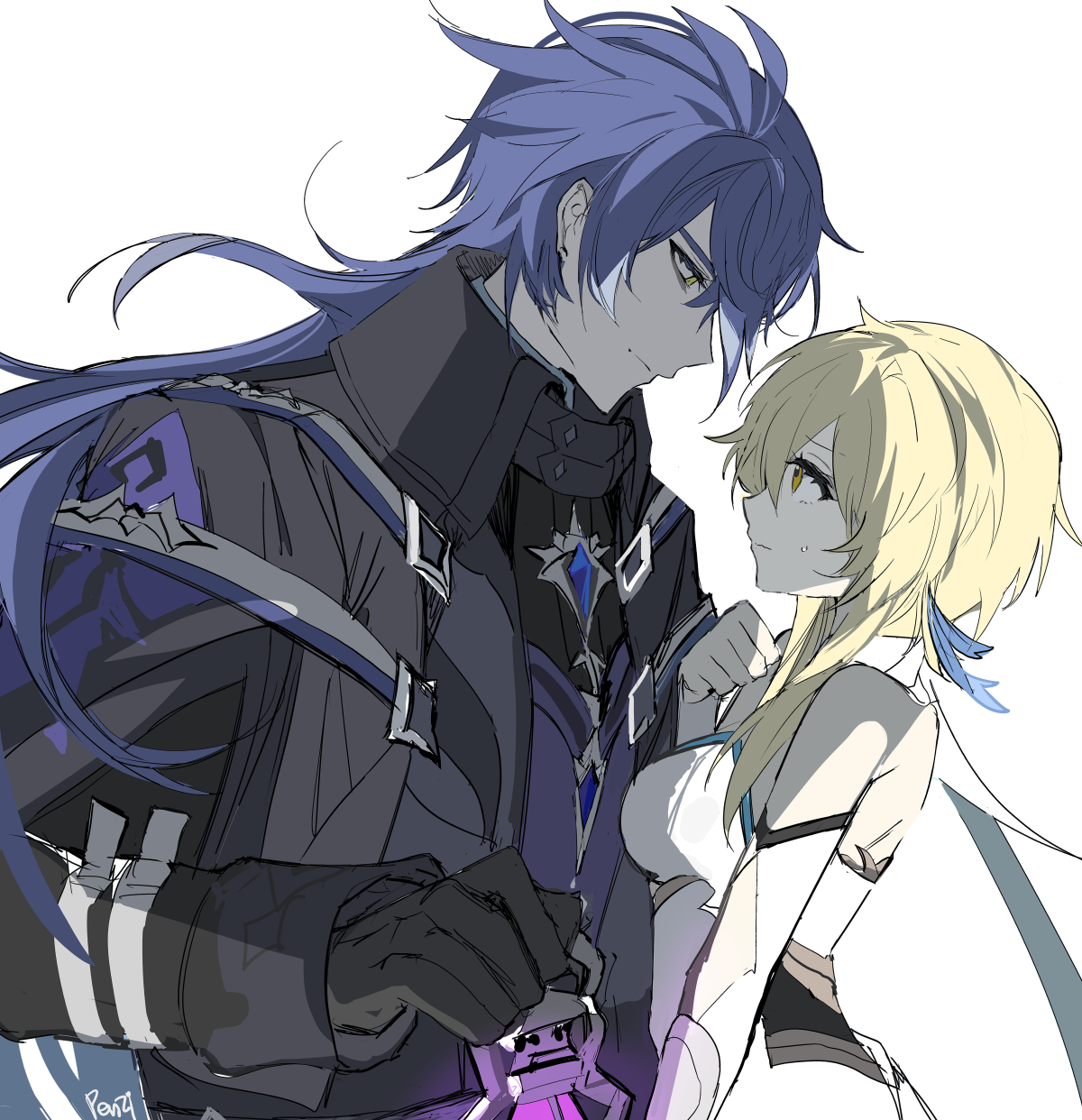 penzi (mok pen), flins (genshin impact), lumine (genshin impact), genshin impact, commentary, highres, 1boy, 1girl, antenna hair, black coat, black gloves, blonde hair, blue hair, chest jewel, clenched hand, closed mouth, coat, collared coat, couple, detached sleeves, dress, eye contact, from side, gem, gloves, hair between eyes, hair ornament, hand up, height difference, hetero, high collar, holding, holding lantern, lantern, long hair, long sleeves, looking at another, looking down, looking up, shade, short hair with long locks, shy, simple background, small sweatdrop, standing, upper body, white background, white dress, yellow eyes