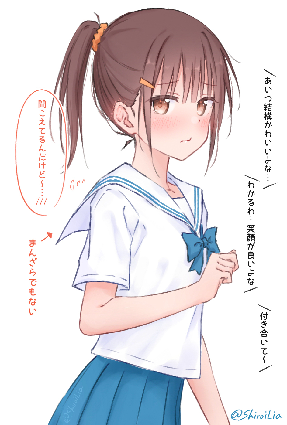 kutatsu (kutatsu7), original, highres, translation request, 1girl, blue bow, blue skirt, blush, bow, breasts, brown eyes, brown hair, closed mouth, collarbone, embarrassed, hair between eyes, hair ornament, hair scrunchie, hairclip, long hair, looking at viewer, pleated skirt, ponytail, sailor collar, school uniform, scrunchie, shirt, short sleeves, simple background, skirt, solo, speech bubble, white background, white sailor collar, white shirt