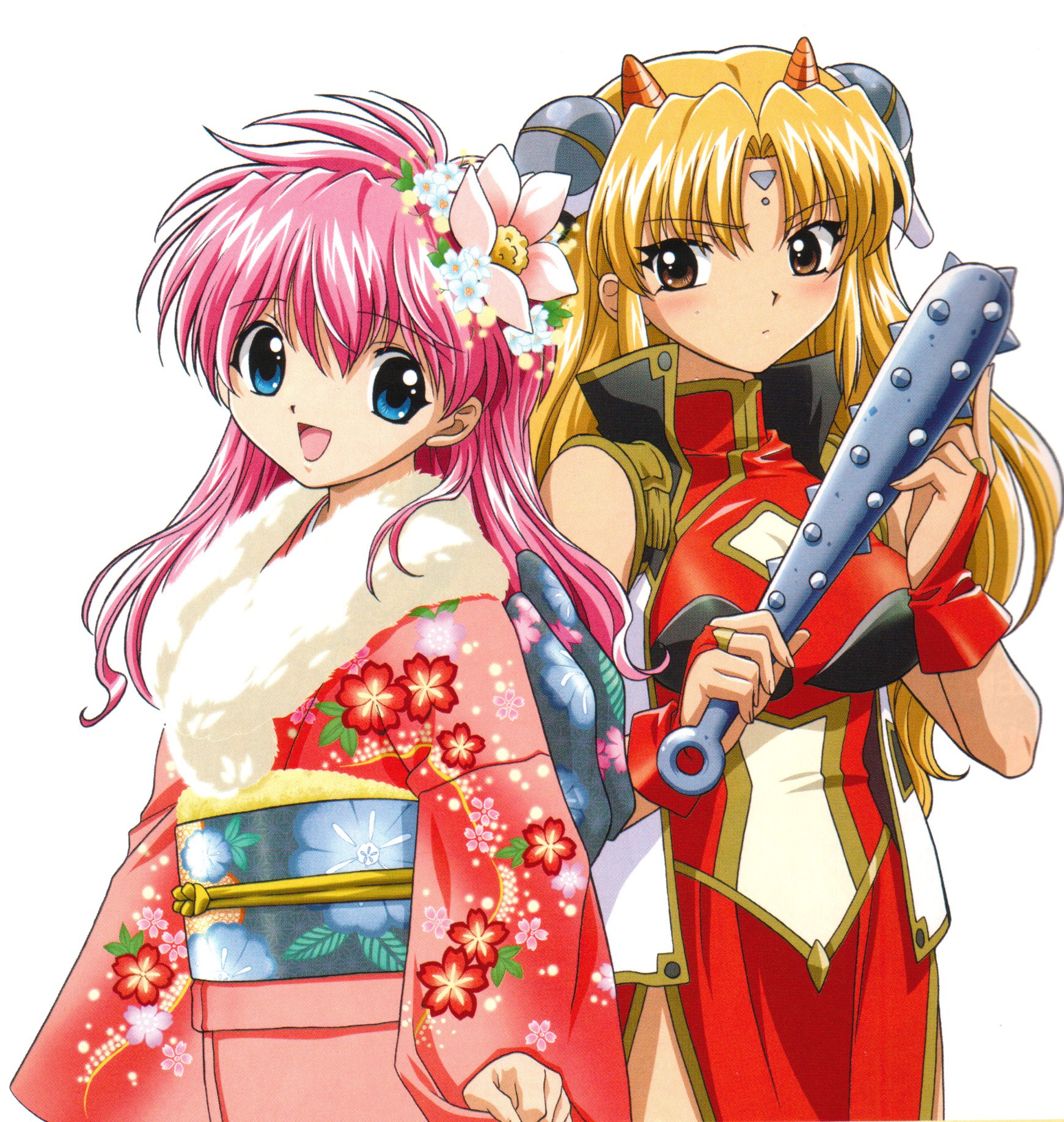 milfeulle sakuraba, ranpha franboise, broccoli (company), galaxy angel, highres, 2girls, blonde hair, blue eyes, blush, brown eyes, club, club (weapon), cosplay, dress, facial mark, flower, forehead mark, gloves, hair flower, hair ornament, horns, japanese clothes, kanabou, kimono, long hair, multiple girls, oni, open mouth, pink hair, simple background, smile, very long hair, weapon, white background