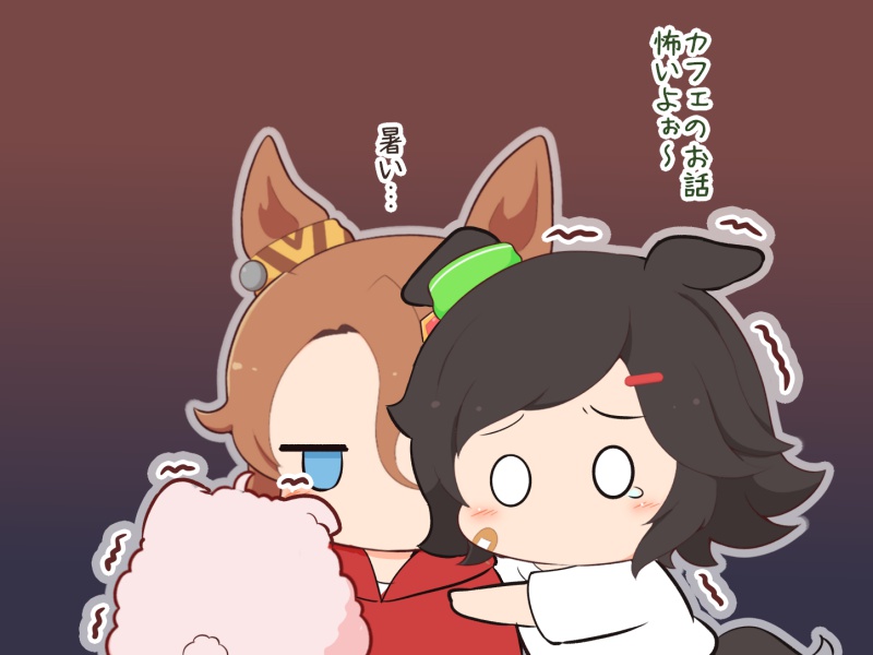 gomashio (goma feet), biwa hayahide (umamusume), narita taishin (umamusume), winning ticket (umamusume), umamusume, commentary request, translation request, 2girls, animal ears, bandaid, bandaid on cheek, bandaid on face, black hair, blue background, blue eyes, blush, bow, brown hair, chibi, chibi only, ear ribbon, gradient background, green ribbon, grey outline, hair ornament, hairclip, horse ears, horse girl, horse tail, jitome, multiple girls, no mouth, o o, outline, parted bangs, red background, ribbon, short hair, tail, two-tone background, upper body, yellow ribbon