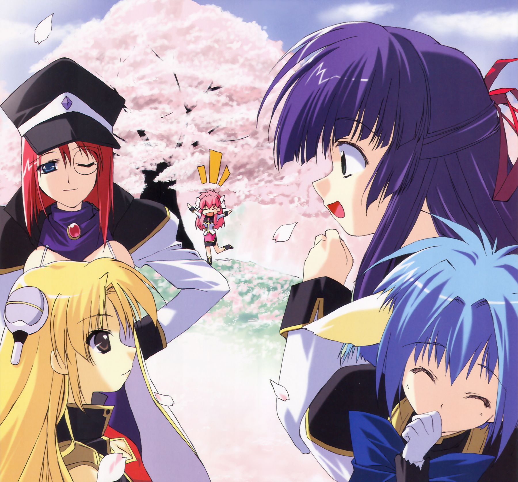 forte stollen, karasuma chitose, milfeulle sakuraba, mint blancmanche, ranpha franboise, galaxy angel, highres, 00s, 5girls, blonde hair, blue eyes, blue hair, breasts, brown eyes, cherry blossoms, cleavage cutout, closed eyes, clothing cutout, large breasts, monocle, multiple girls, no bra, one eye closed, outdoors, pink hair, red hair, smile