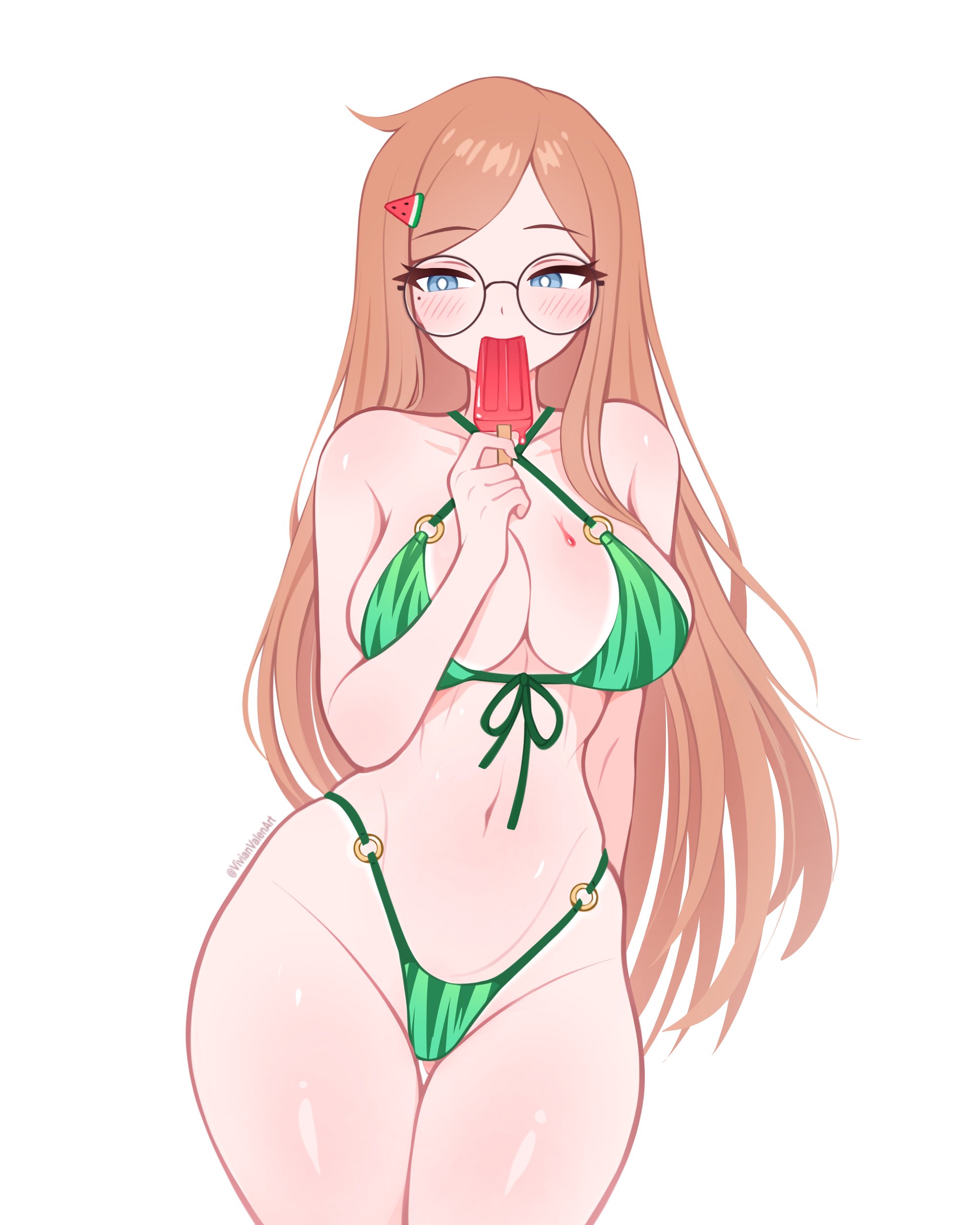 vivianvalenart, original, absurdres, commentary, english commentary, highres, 1girl, arm behind back, artist name, bikini, black-framed eyewear, blue eyes, breasts, bright pupils, cleavage, cowboy shot, food, food-themed hair ornament, food in mouth, front-tie bikini top, front-tie top, glasses, green bikini, hair ornament, highleg, highleg bikini, holding, holding food, holding popsicle, large breasts, light blush, long hair, mole, mole under eye, navel, o-ring, o-ring bikini, orange hair, popsicle, popsicle in mouth, round eyewear, simple background, solo, stomach, swimsuit, watermelon hair ornament, white background, white pupils