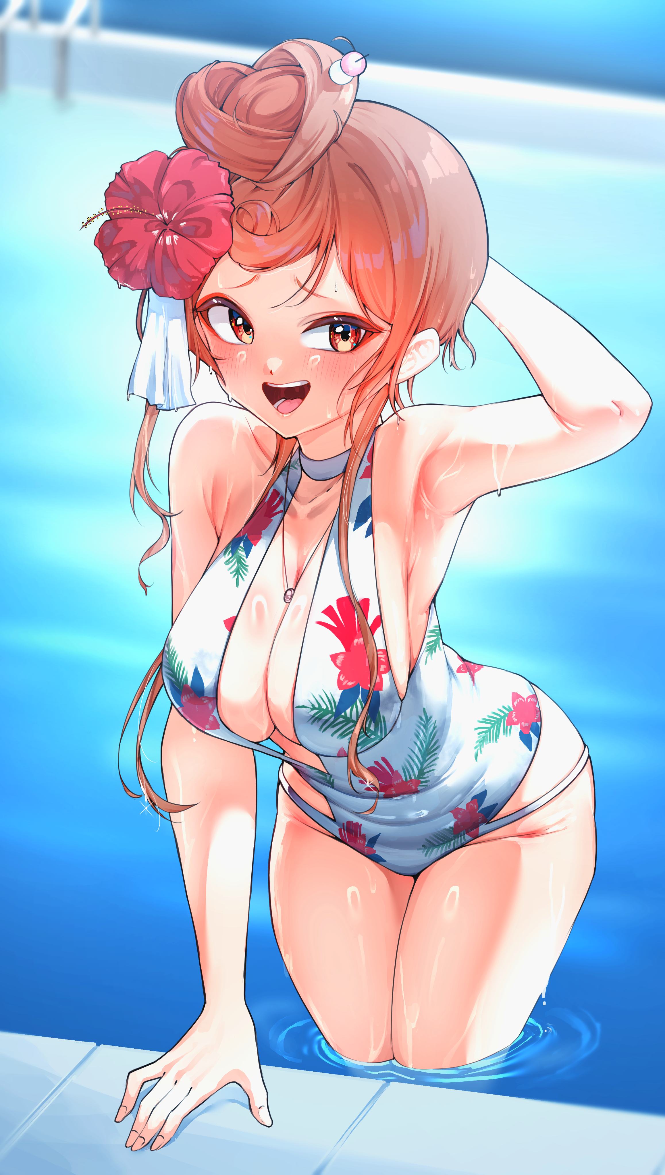 kghazir, yuugiri (zombie land saga), zombie land saga, absurdres, commentary, commission, english commentary, highres, 1girl, :d, arm behind head, arm up, armpits, bare arms, bare legs, bare shoulders, blush, breasts, floral print, floral print one-piece swimsuit, flower, hair bun, hair flower, hair ornament, jewelry, large breasts, looking at viewer, one-piece swimsuit, open mouth, orange eyes, orange hair, pendant, pool, ripples, smile, solo, swimsuit, water, wet, white one-piece swimsuit