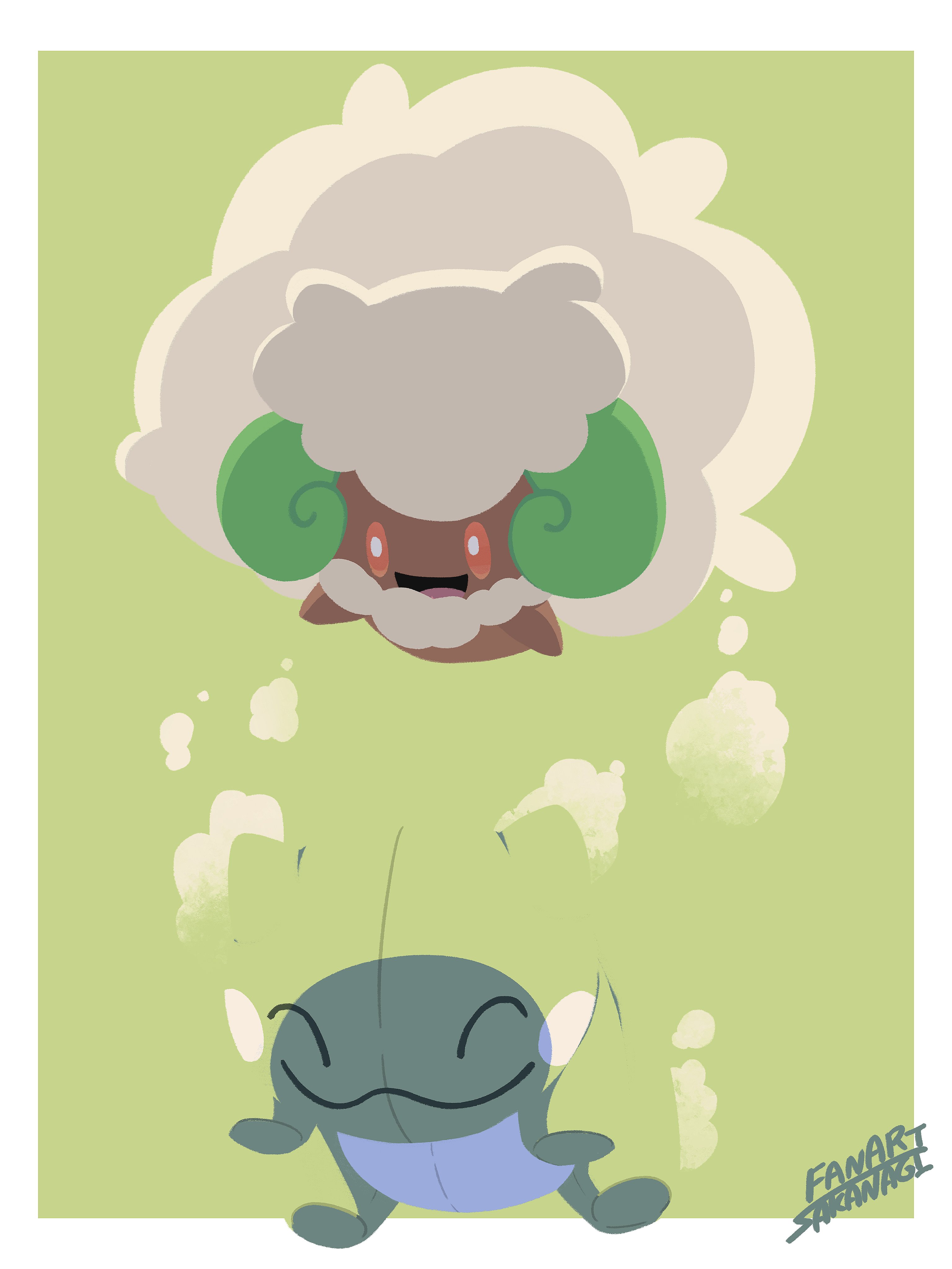 sakanagi (a r co), whimsicott, nintendo, pokemon, absurdres, highres, doll, fluffy, full body, gen 5 pokemon, no humans, open mouth, pokemon (creature), pokemon focus, red eyes, simple background, smile, substitute (pokemon)