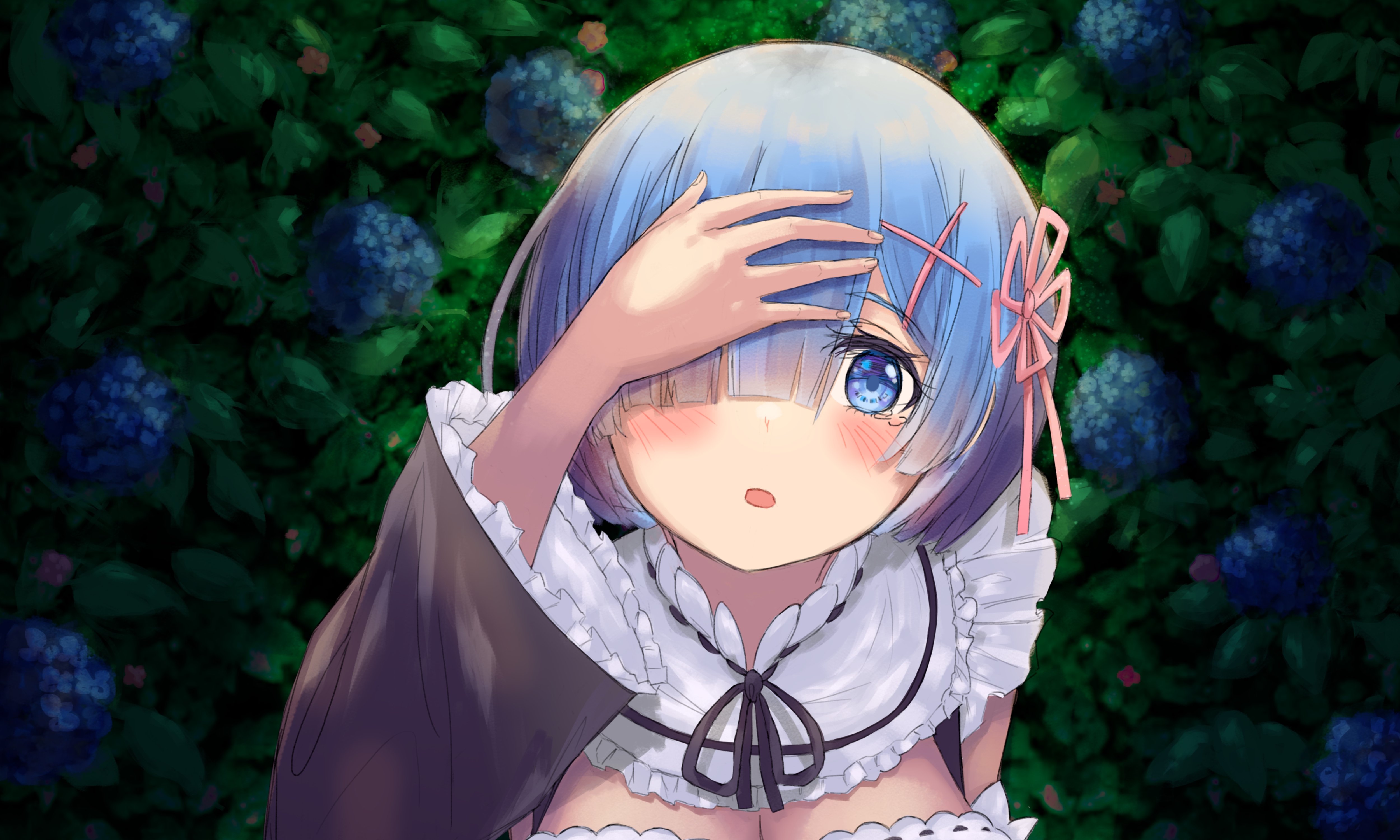 rkt (rkt 0202), rem (re:zero), re:zero kara hajimeru isekai seikatsu, absurdres, highres, 1girl, blue hair, blunt bangs, blush, bow, covering own eyes, floral background, flower, frills, hair between eyes, hair bow, hair ornament, hairclip, hand on own face, hydrangea, looking up, maid, maid headdress, nature, outdoors, ribbon, short hair, wide-eyed